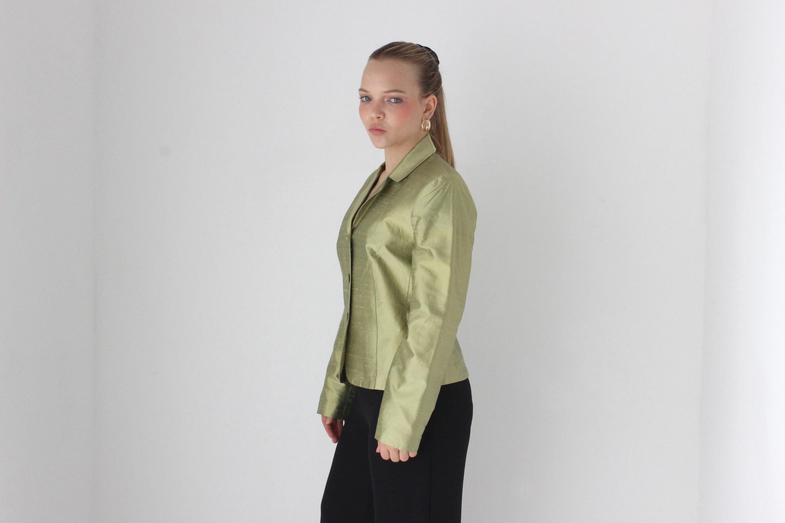 Y2K Olive Metallic Raw Silk Boxy Blazer