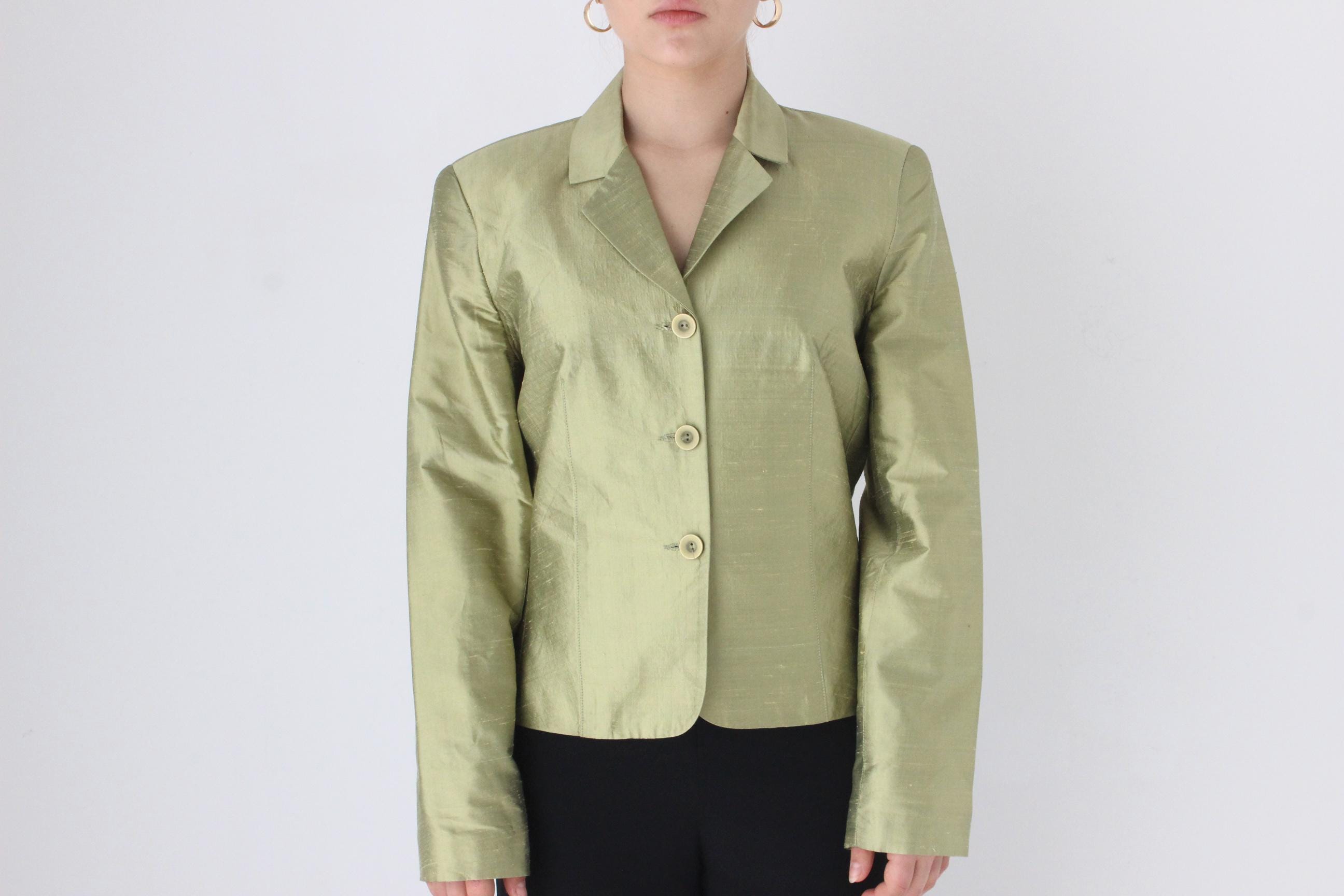 Y2K Olive Metallic Raw Silk Boxy Blazer
