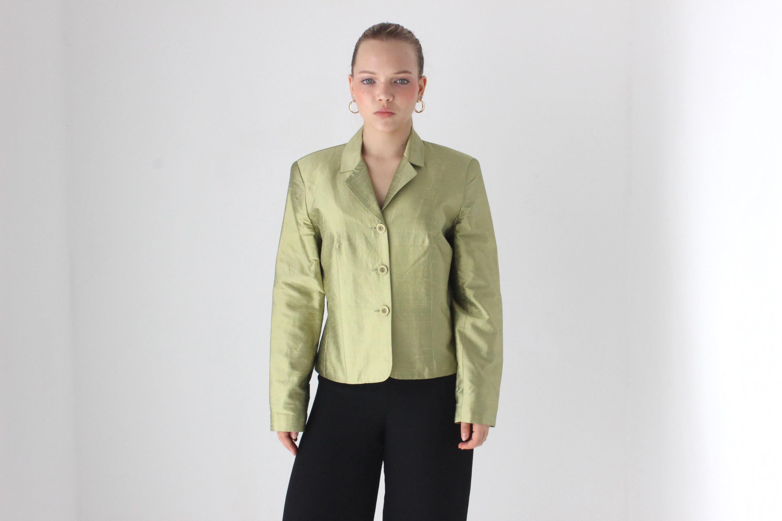 Y2K Olive Metallic Raw Silk Boxy Blazer