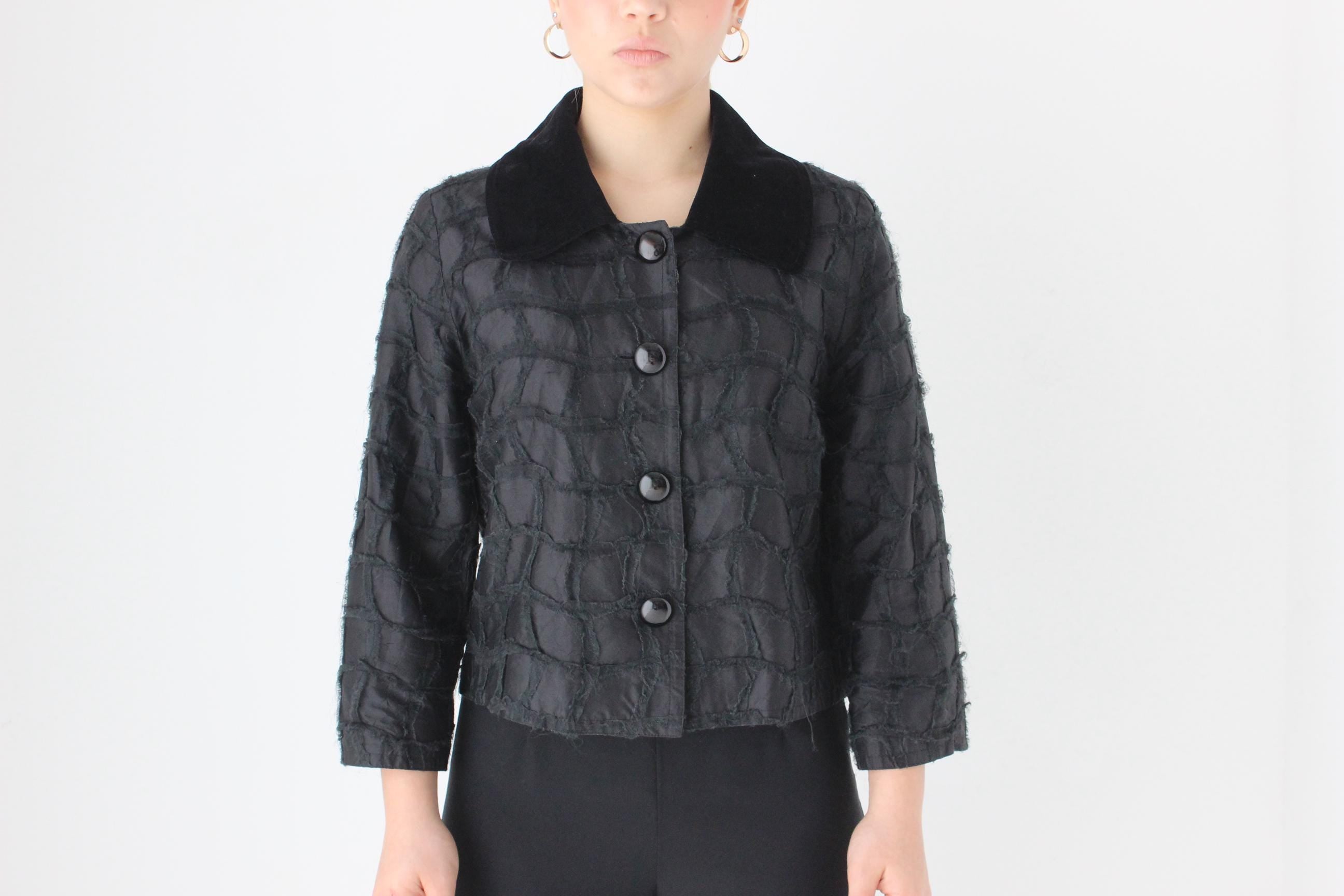 90s Textural Silk Cropped Button Up Jacket