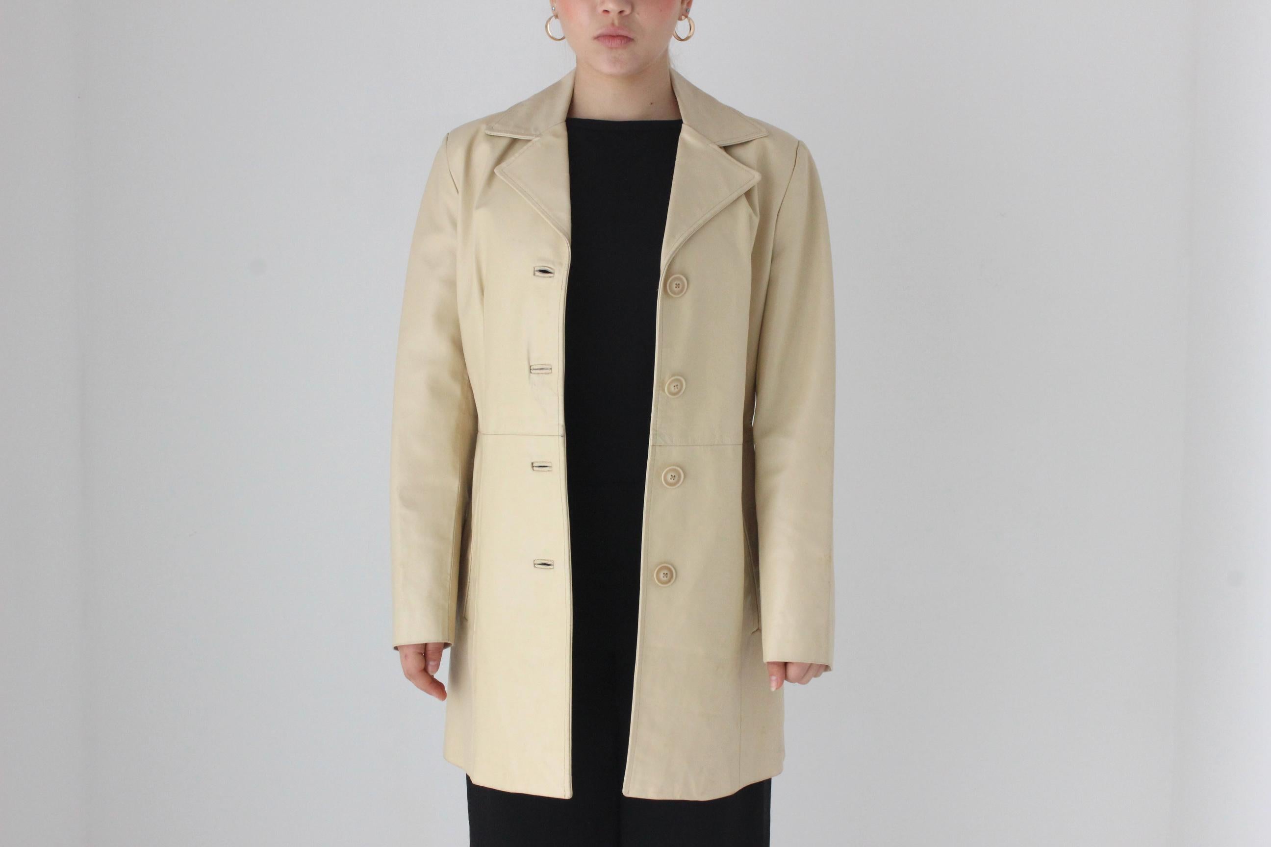 90s Italian Leather Neutral Cream Button Up Coat
