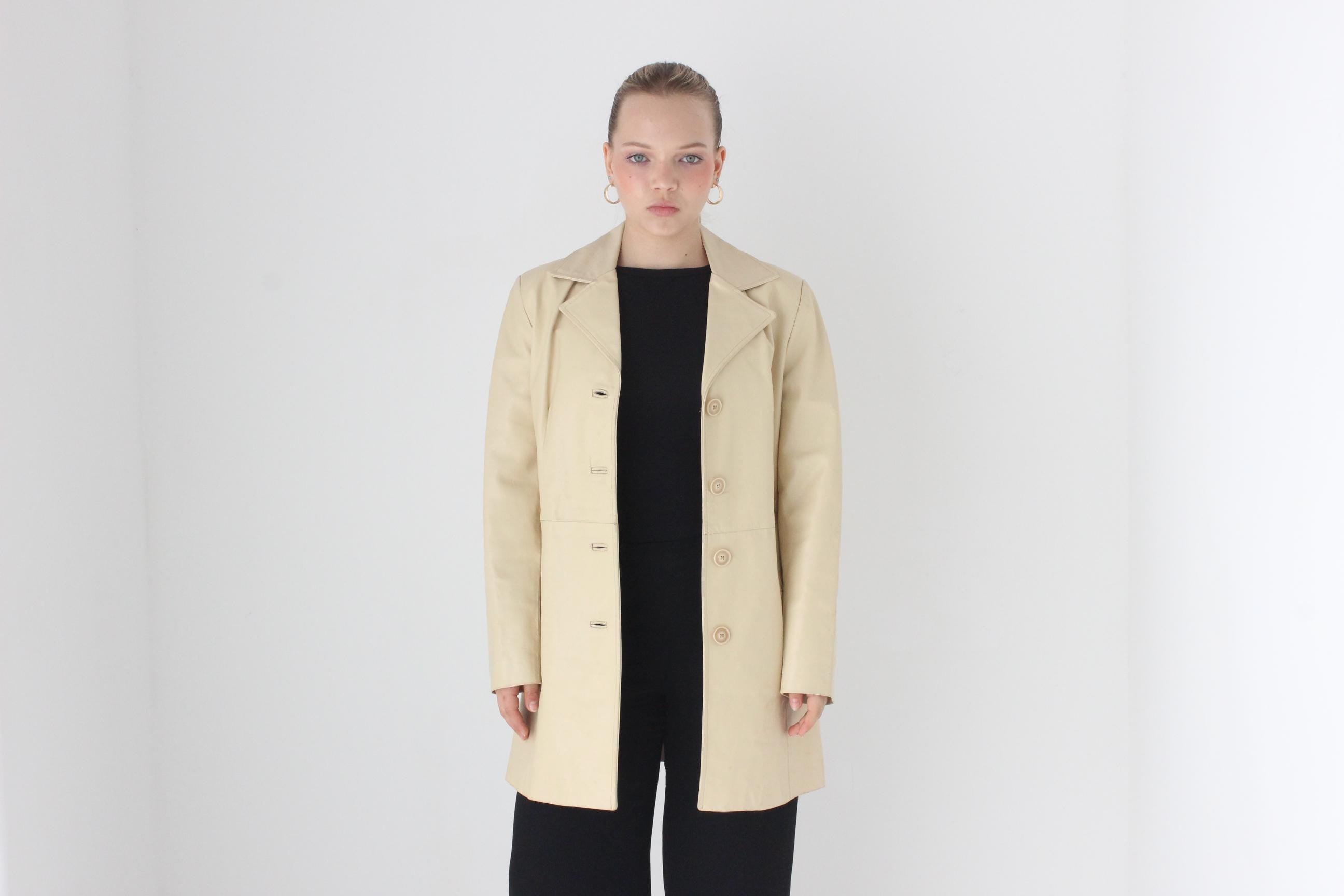 90s Italian Leather Neutral Cream Button Up Coat