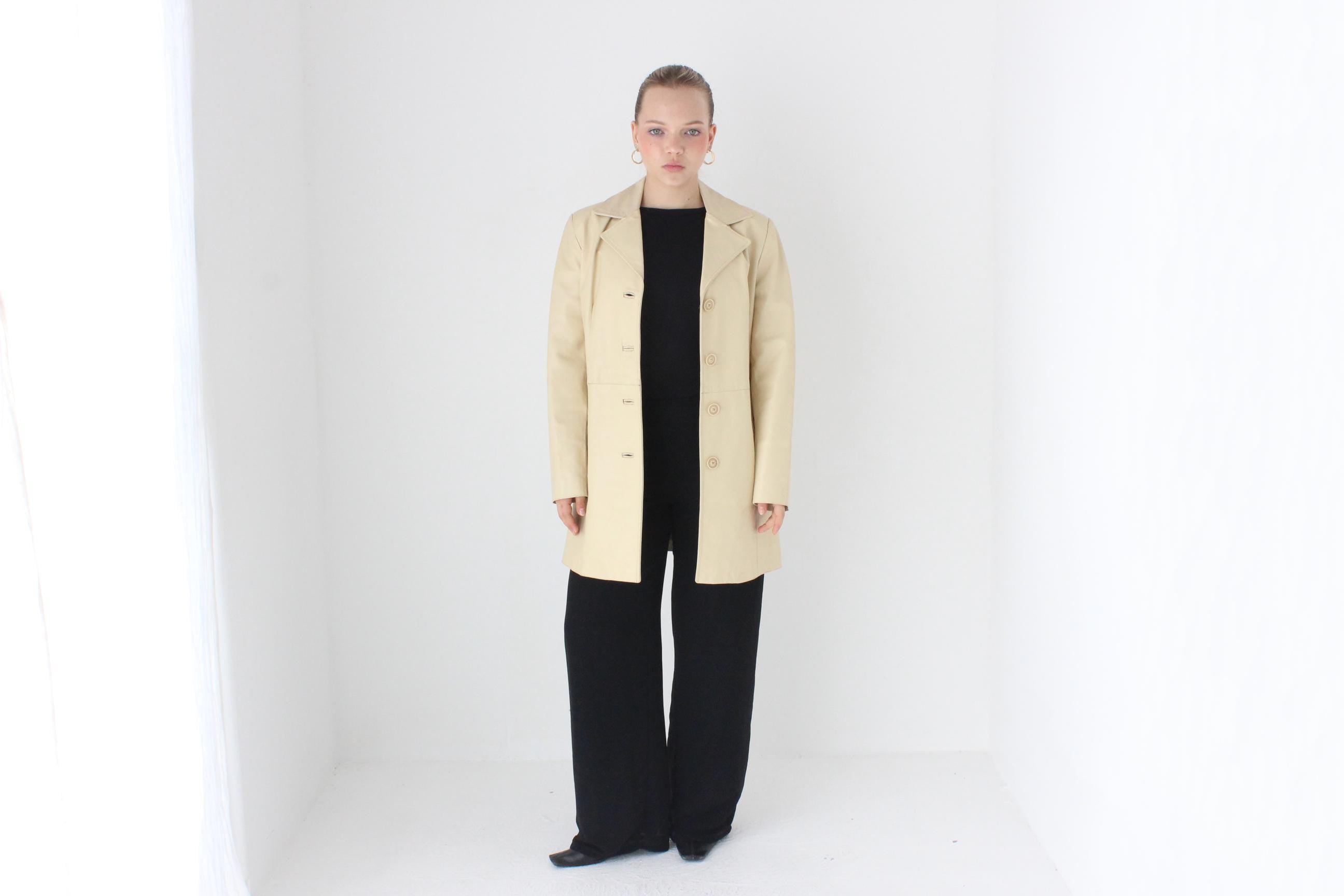 90s Italian Leather Neutral Cream Button Up Coat