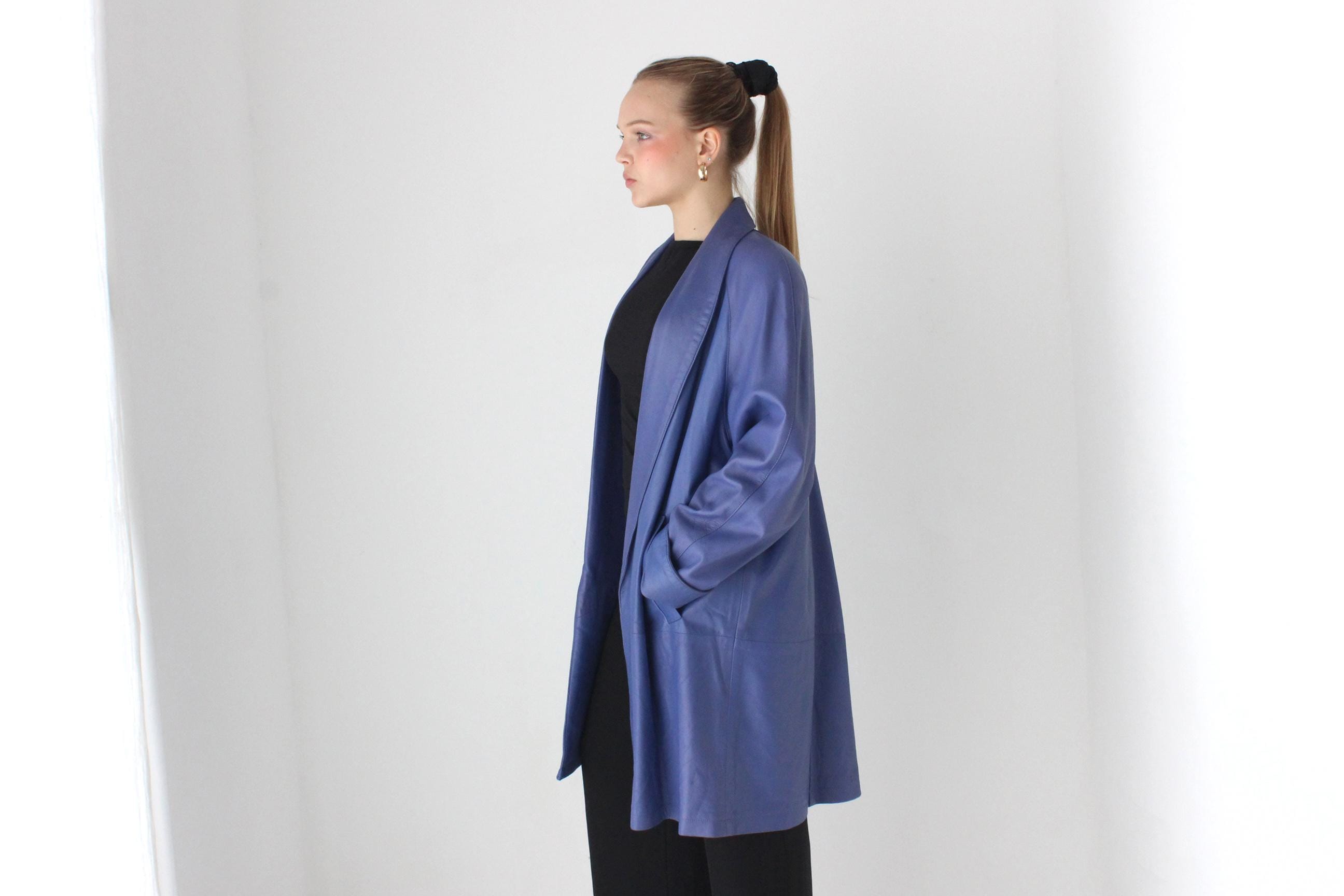 Buttery 80s Blue Leather Longline Swing Coat