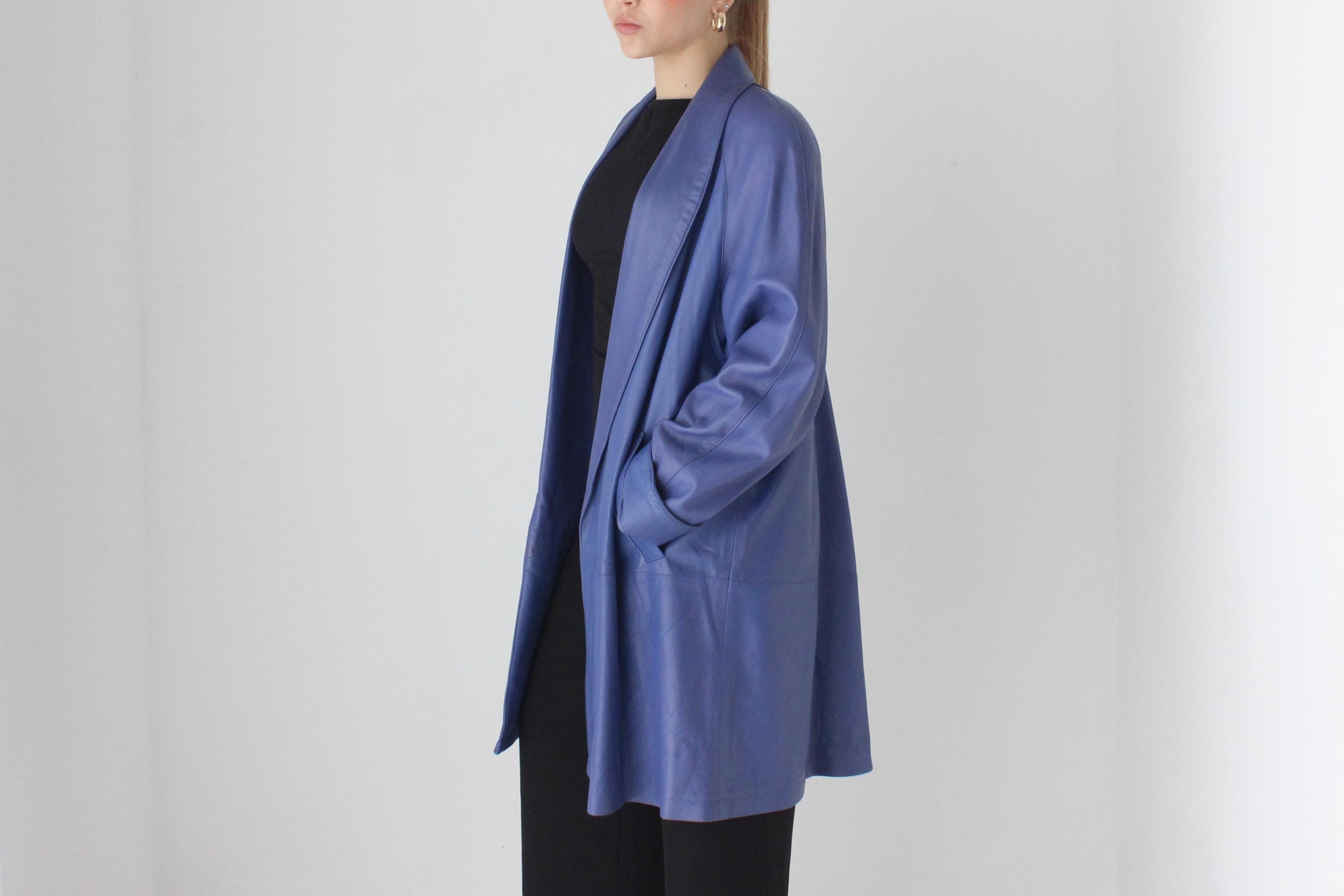 Buttery 80s Blue Leather Longline Swing Coat