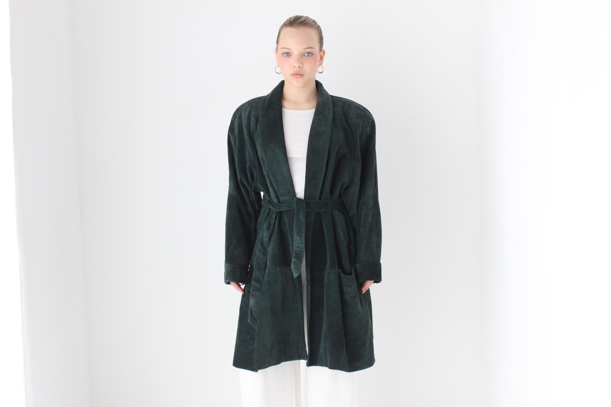 80s Forest Green Suede Shawl Collar Belted Trench