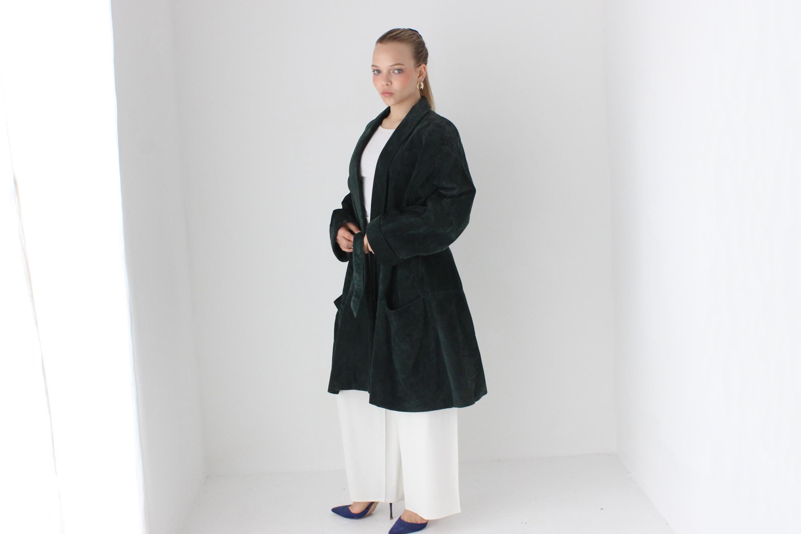 80s Forest Green Suede Shawl Collar Belted Trench