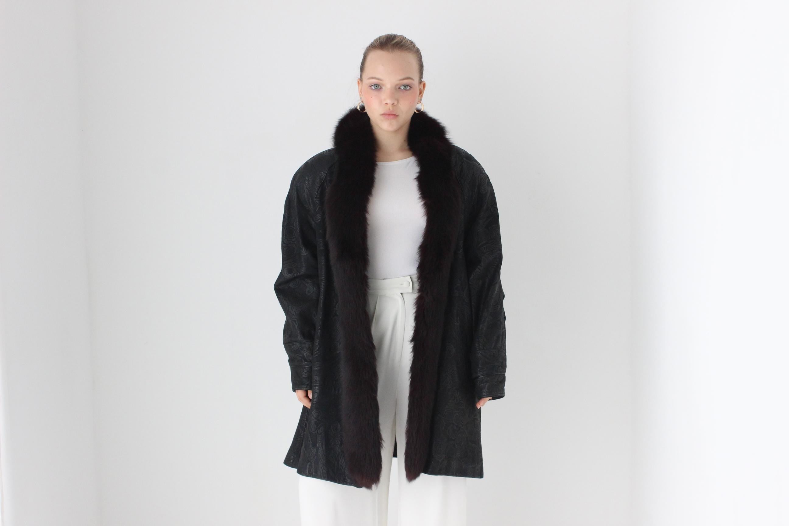 DIVINE 80s Embossed Leather + Fox Fur Collar Coat by Marvin Richards