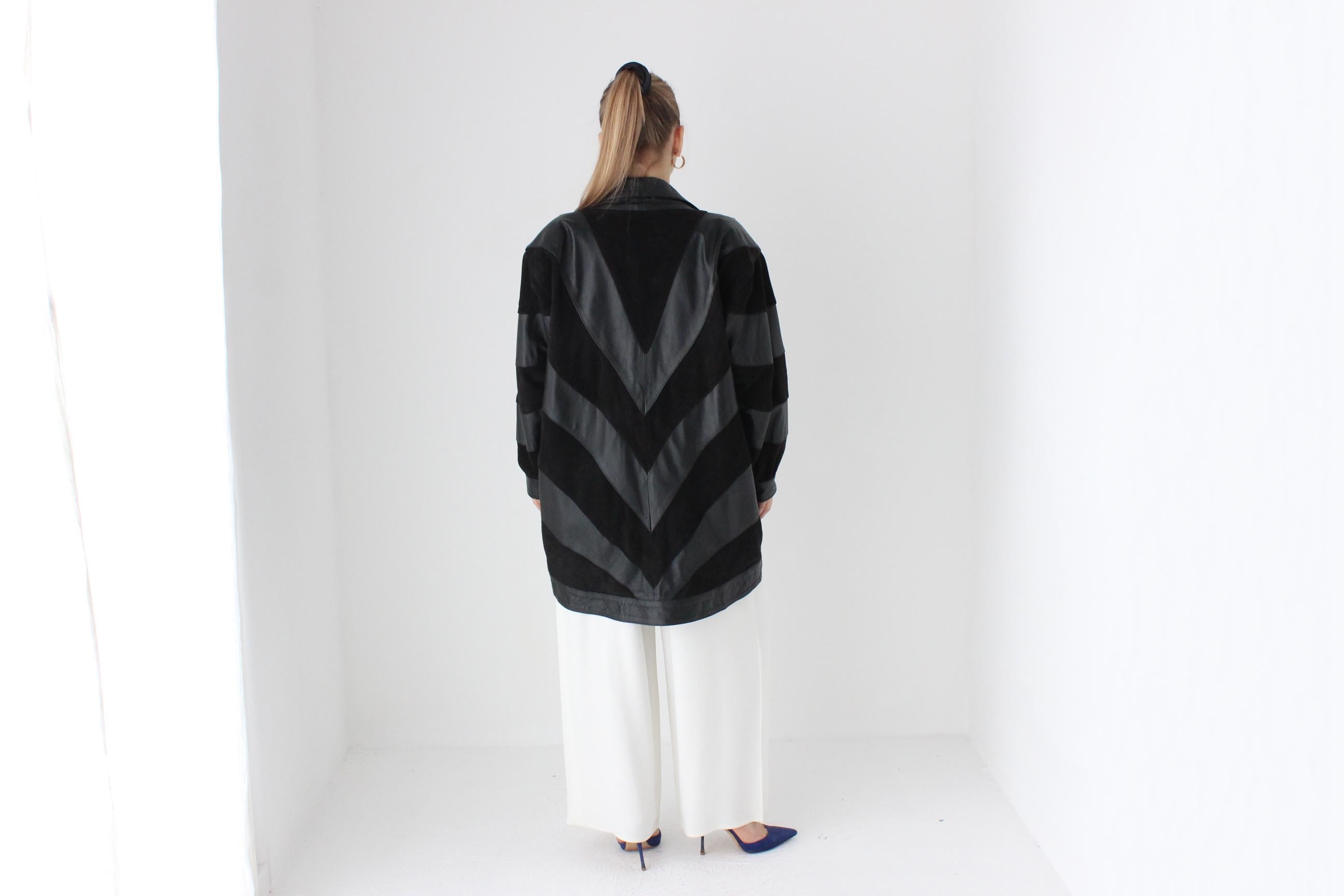 Phenomenal 80s Suede & Leather Chevron Stripe Batwing Coat