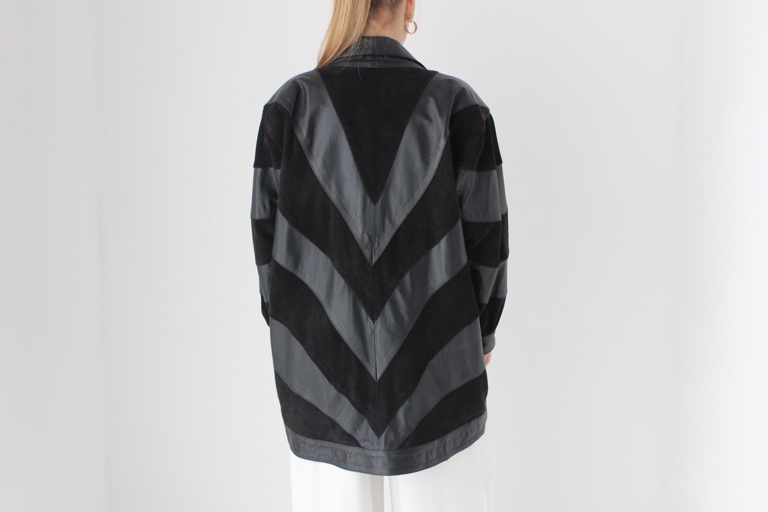 Phenomenal 80s Suede & Leather Chevron Stripe Batwing Coat