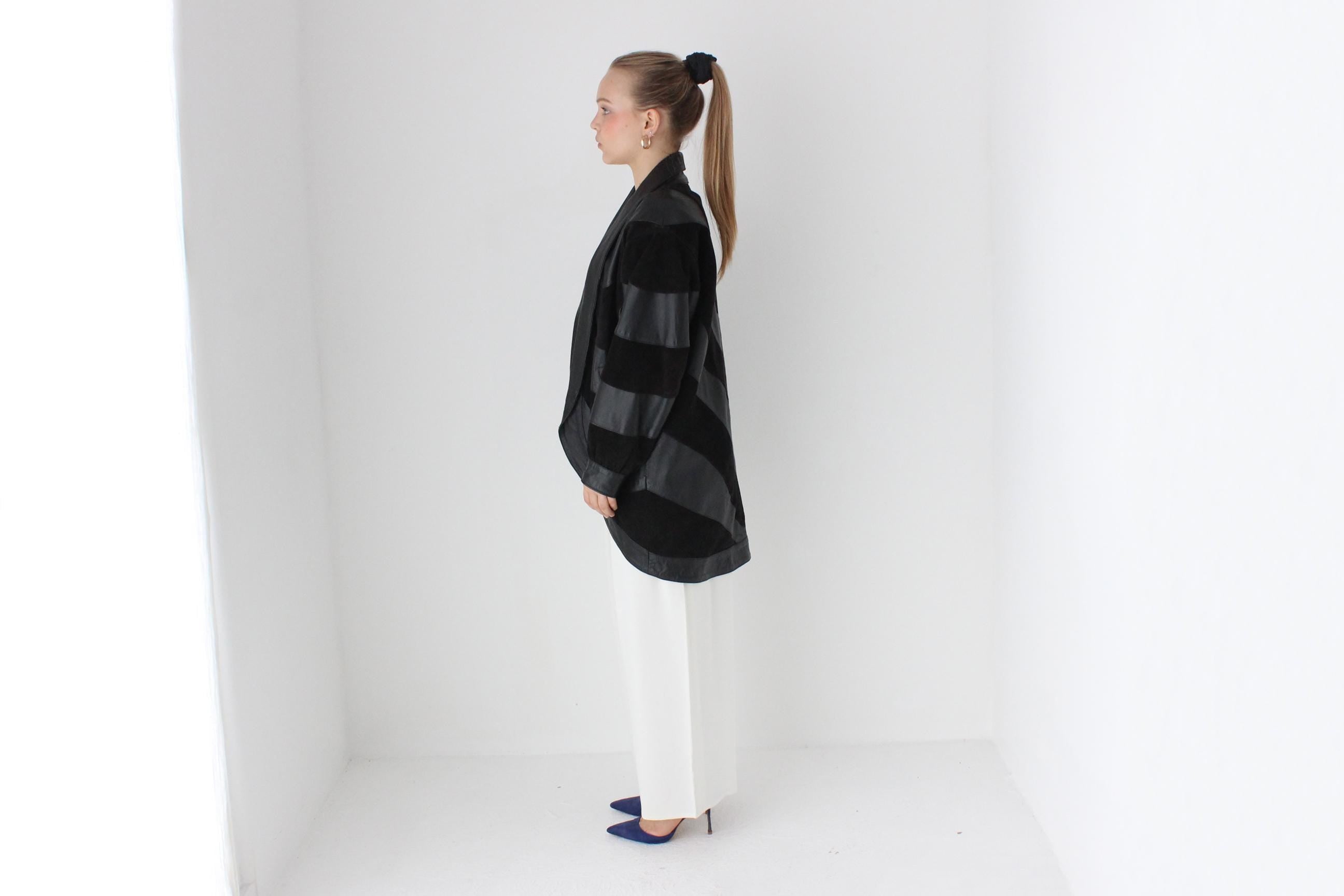 Phenomenal 80s Suede & Leather Chevron Stripe Batwing Coat
