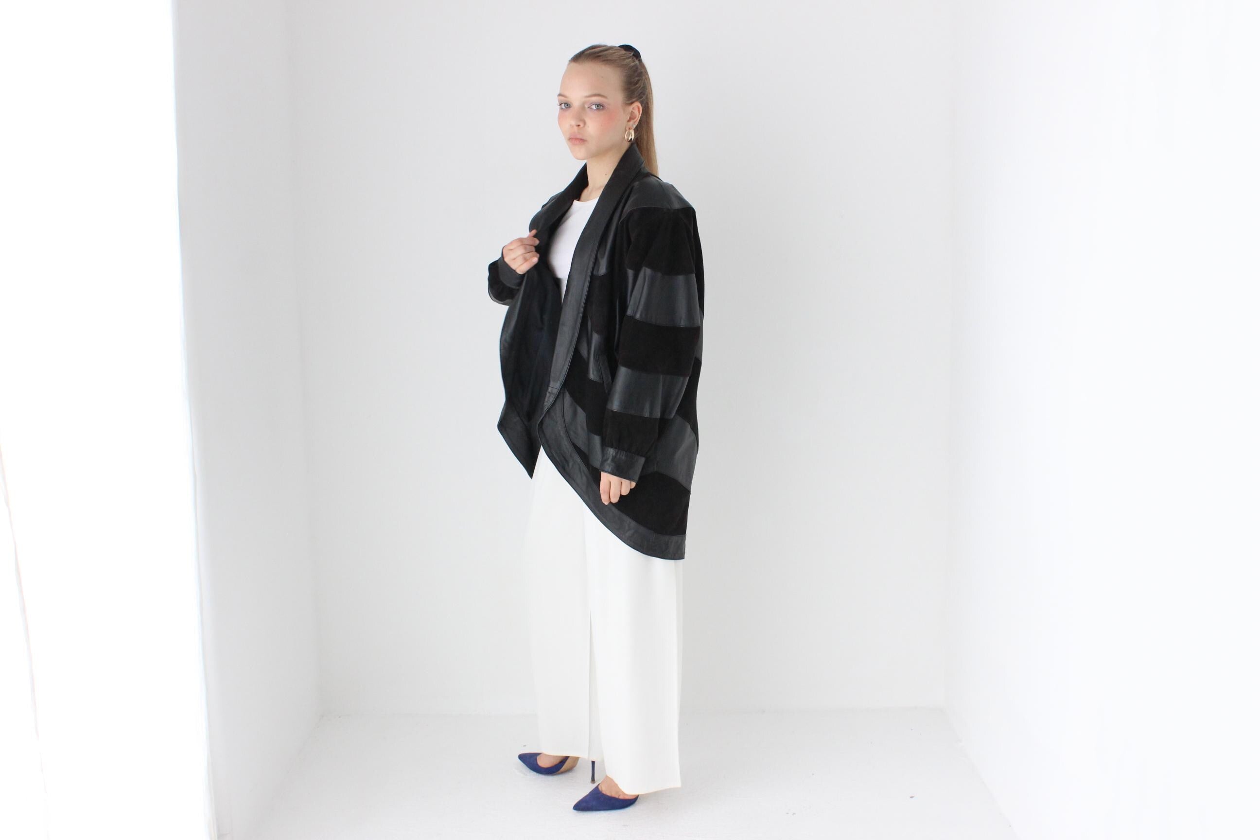 Phenomenal 80s Suede & Leather Chevron Stripe Batwing Coat