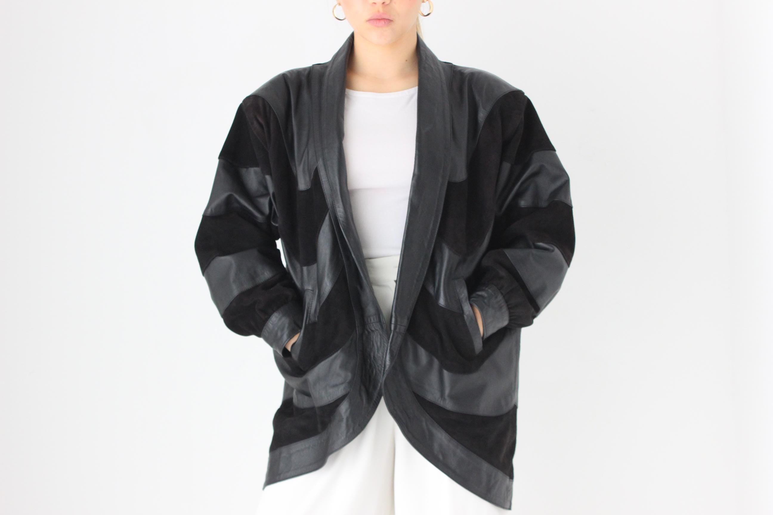 Phenomenal 80s Suede & Leather Chevron Stripe Batwing Coat