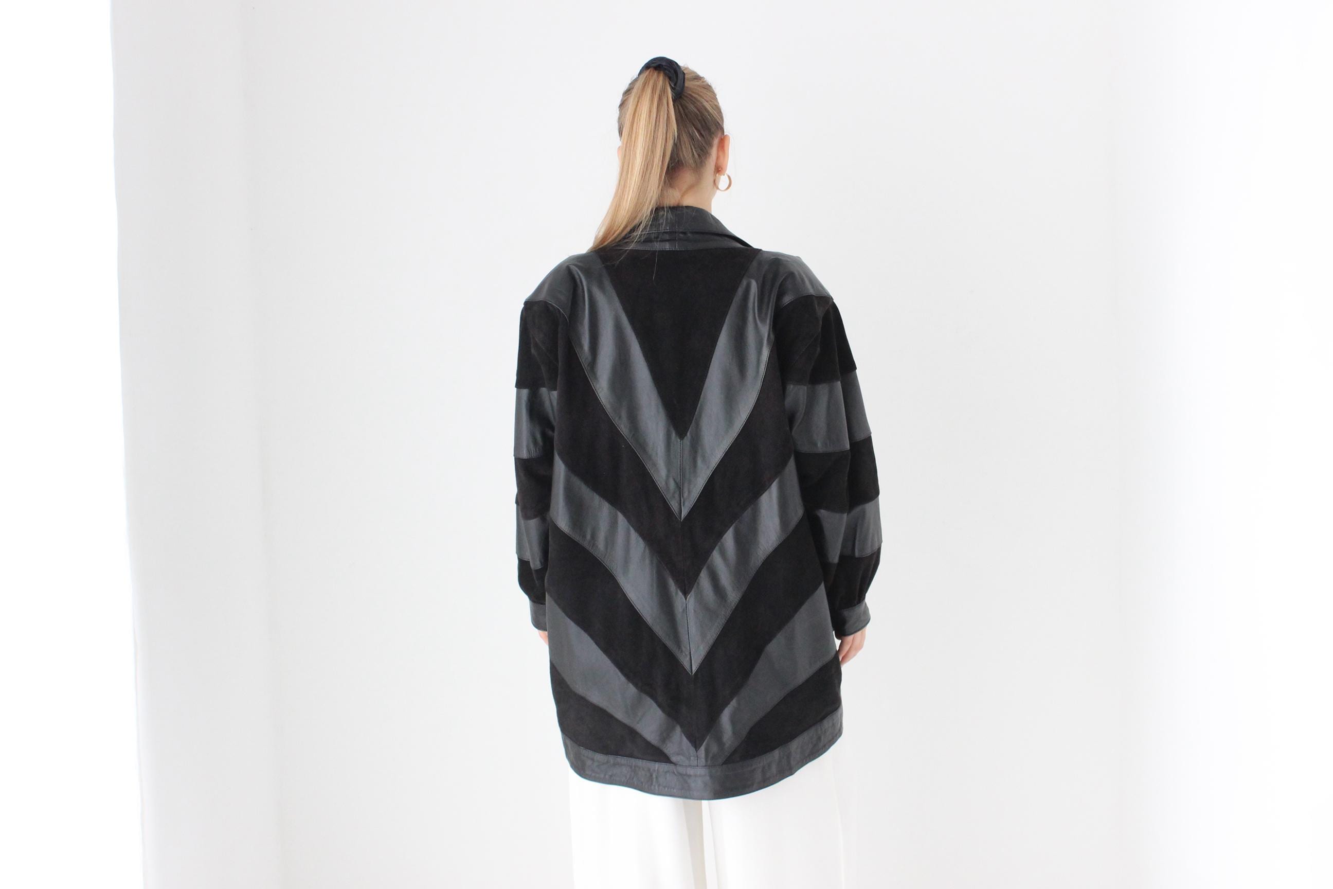 Phenomenal 80s Suede & Leather Chevron Stripe Batwing Coat