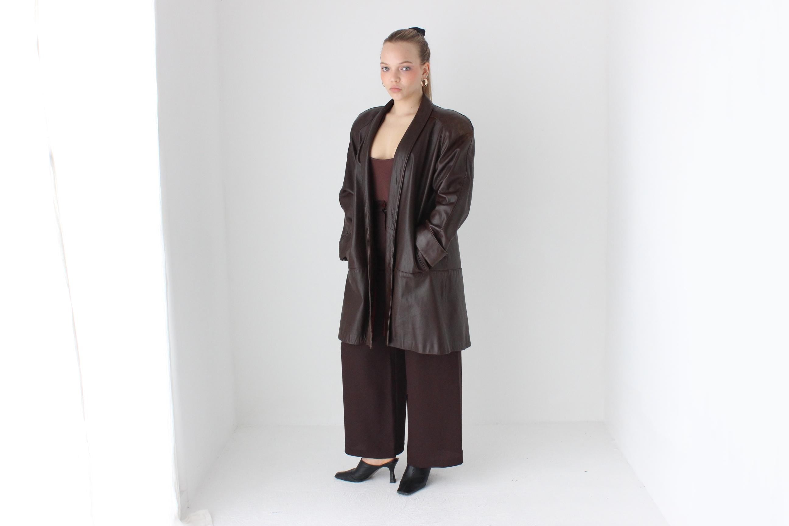 Buttery 80s Chocolate Leather Swing Coat by Maxima