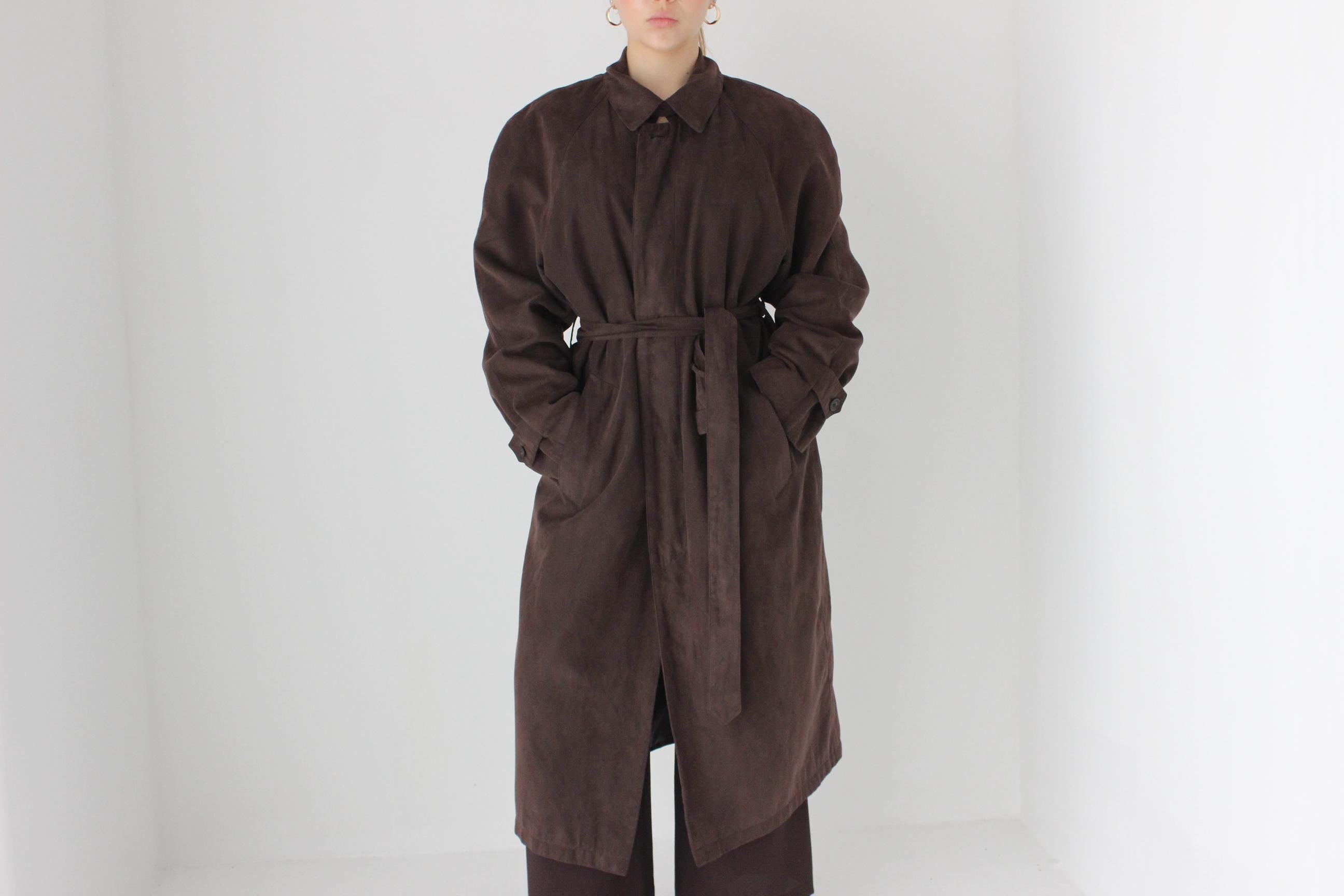 90s Bill Blass Chocolate Microsuede Belted Trench