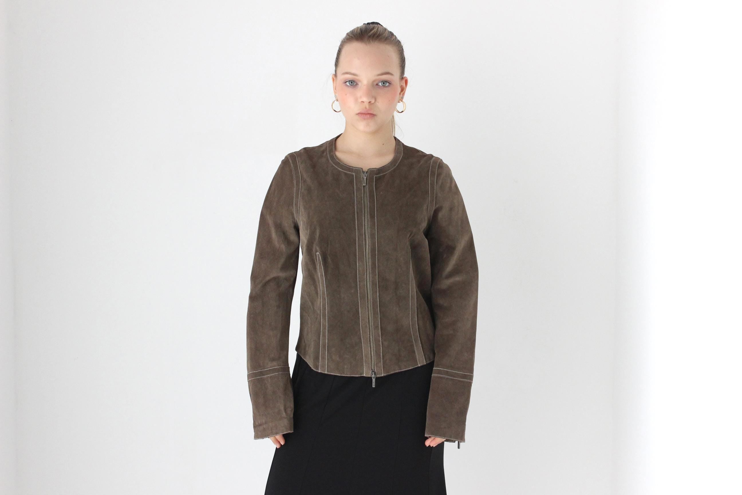Y2K Italian Suede Minimal Zip Front Collarless Leather Jacket by Joseph