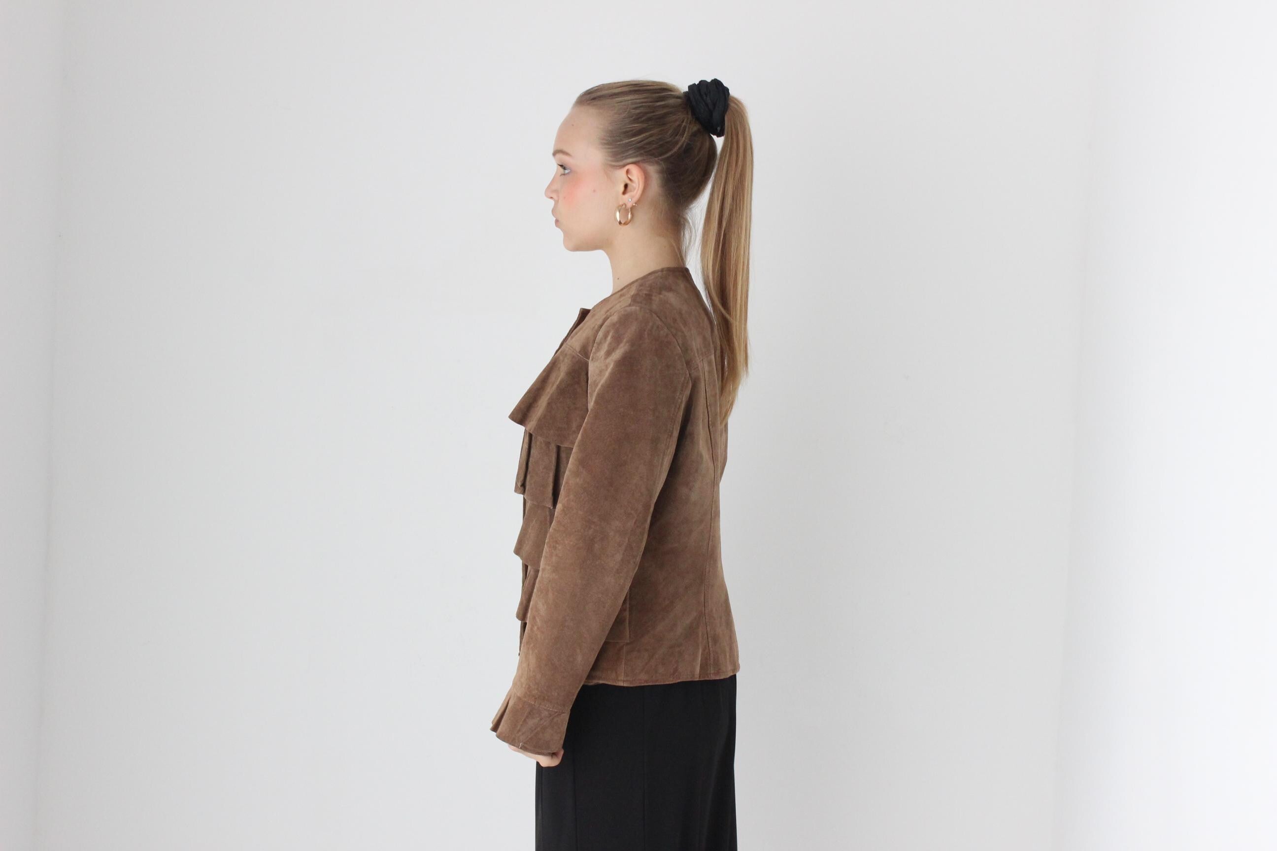 Y2K Caramel Suede Ruffle Front Collarless Leather Jacket