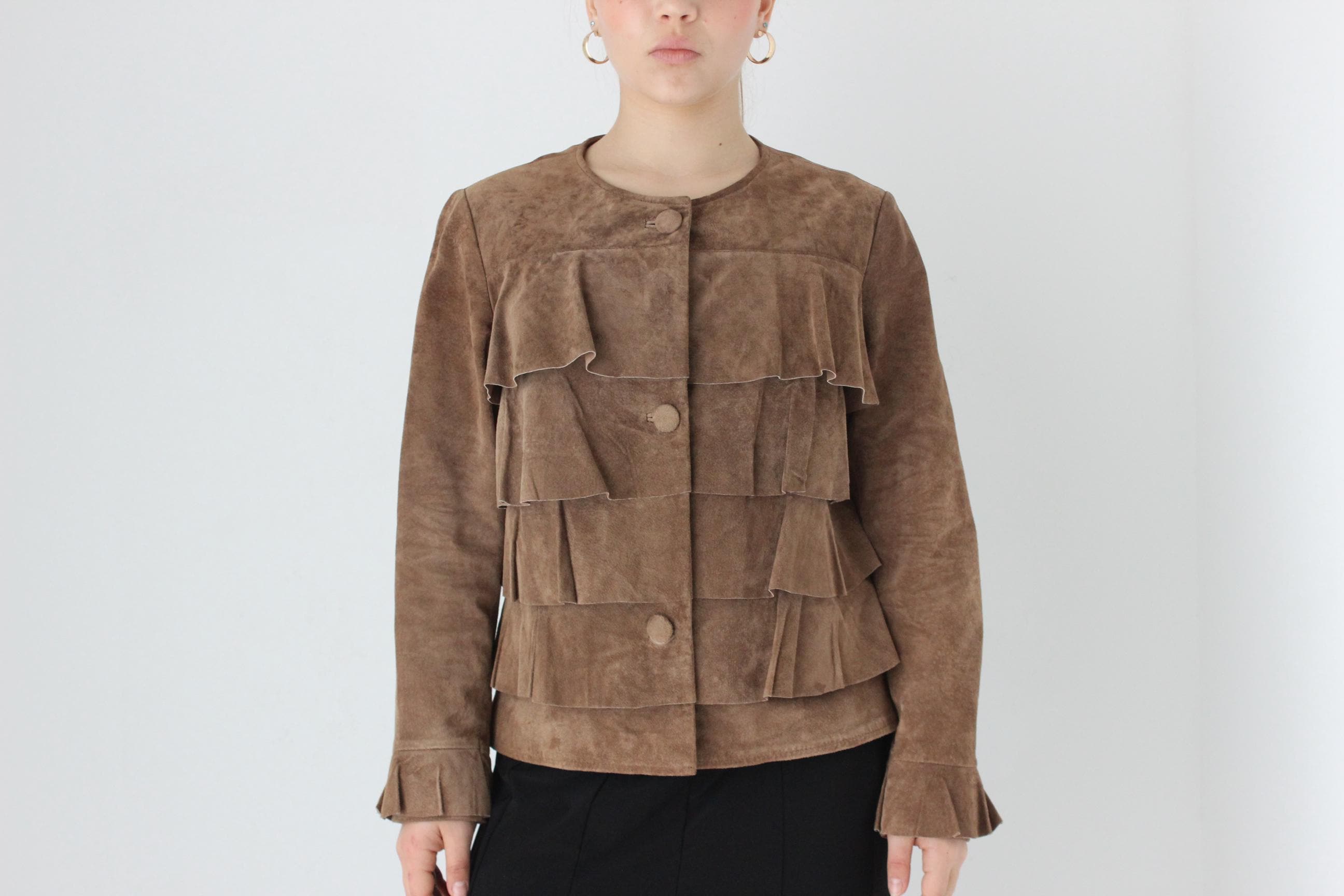 Y2K Caramel Suede Ruffle Front Collarless Leather Jacket