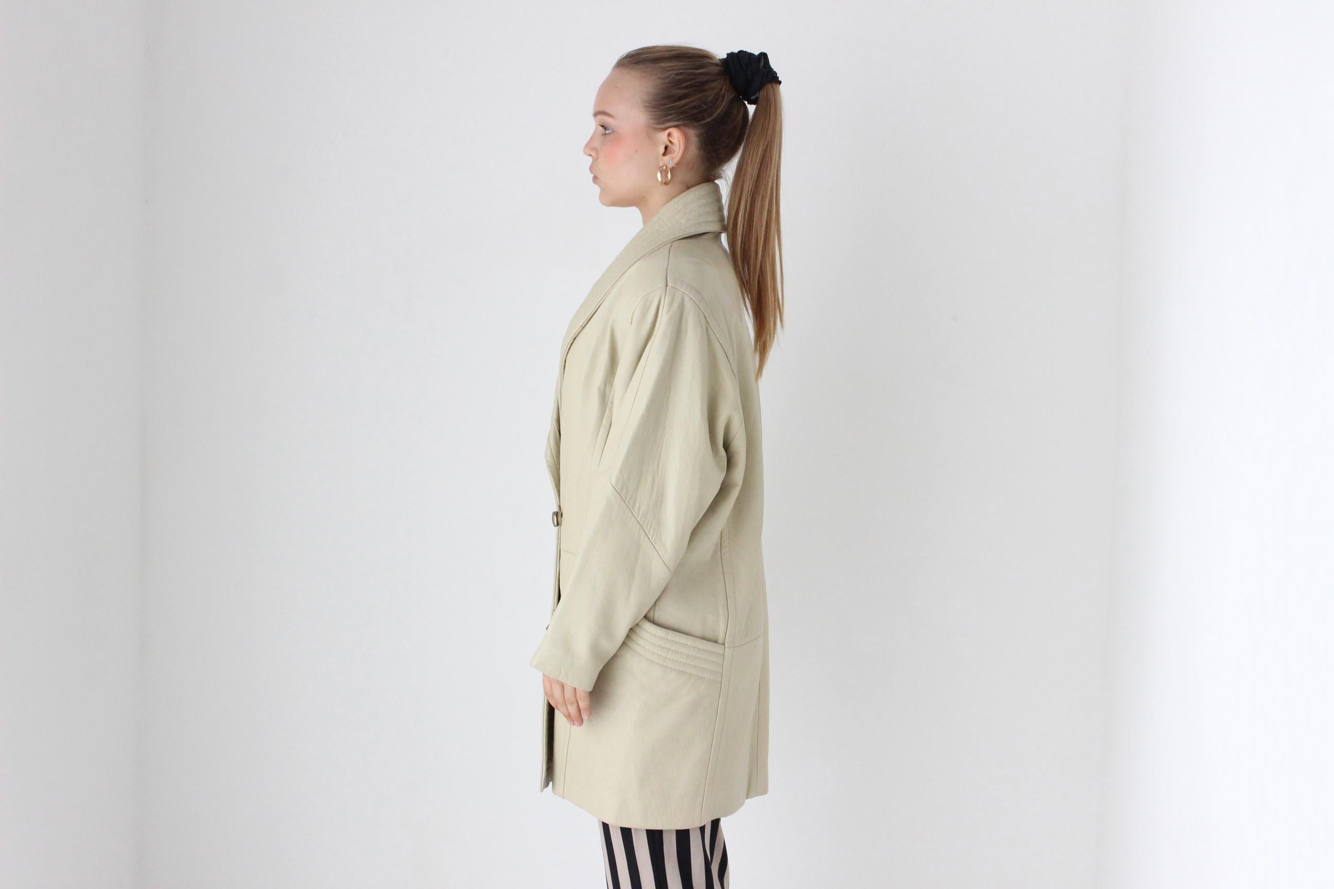 Chic 80s Leather Quilted Shawl Collar Ecru Coat by Maxima
