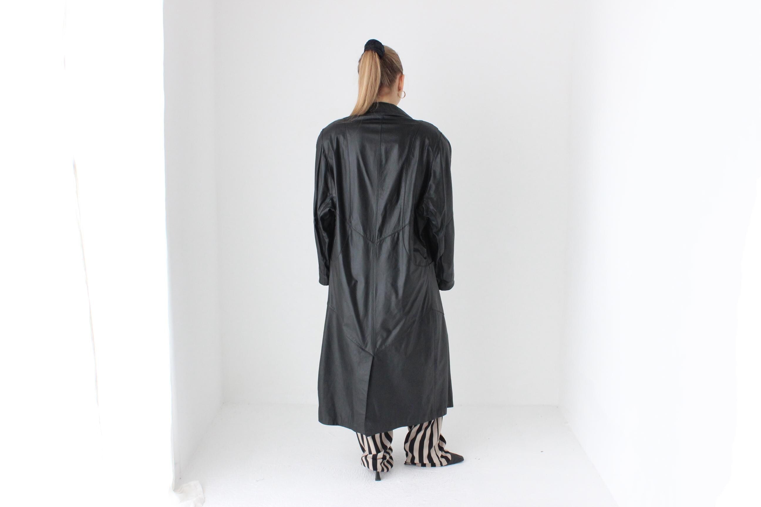 80s Minimal Black Leather Button Up Trench by Avanti