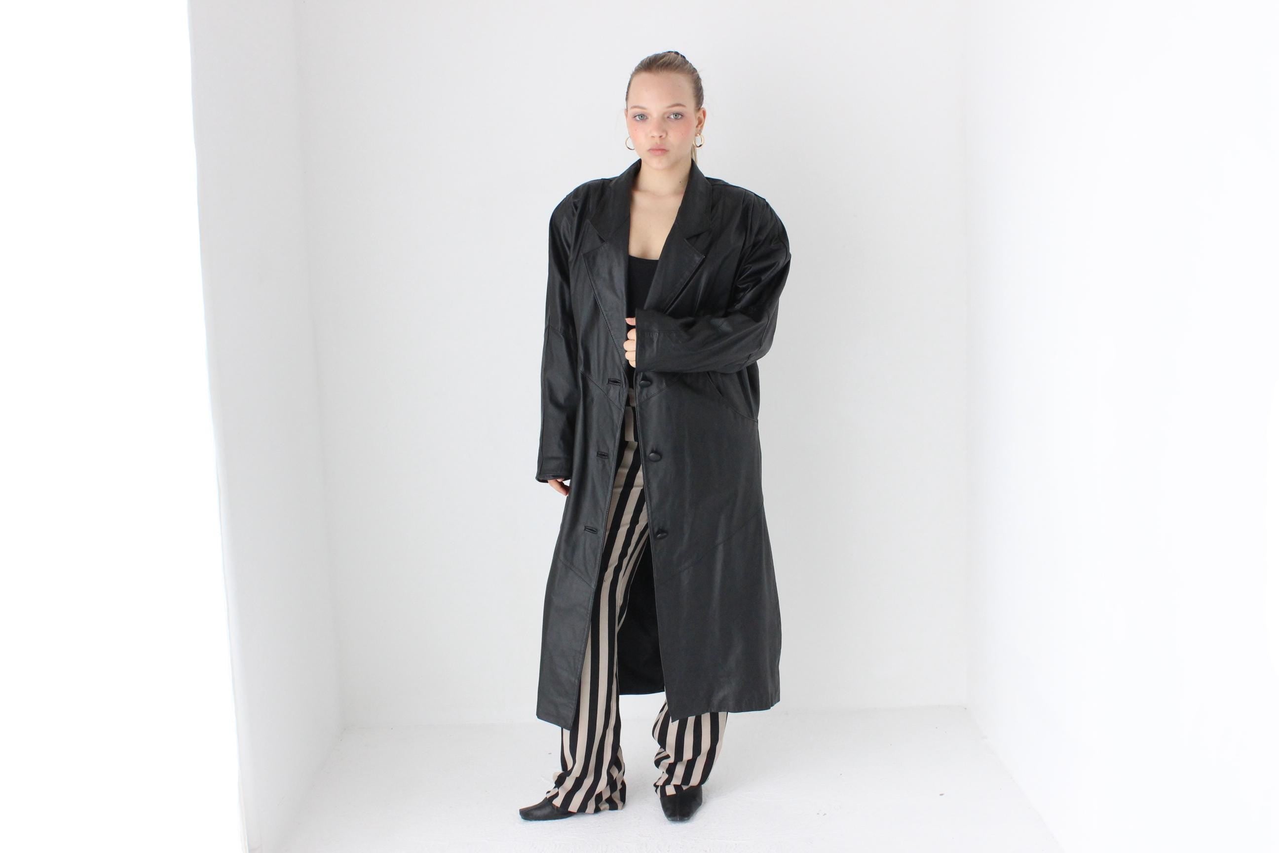 80s Minimal Black Leather Button Up Trench by Avanti