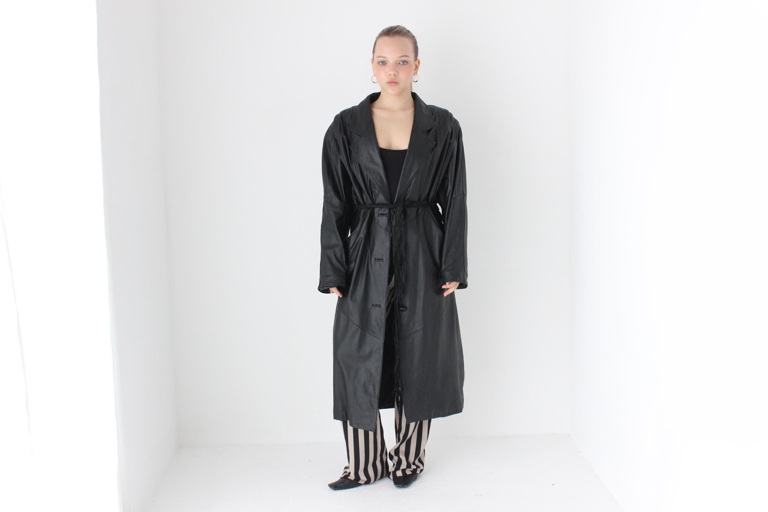 80s Minimal Black Leather Button Up Trench by Avanti