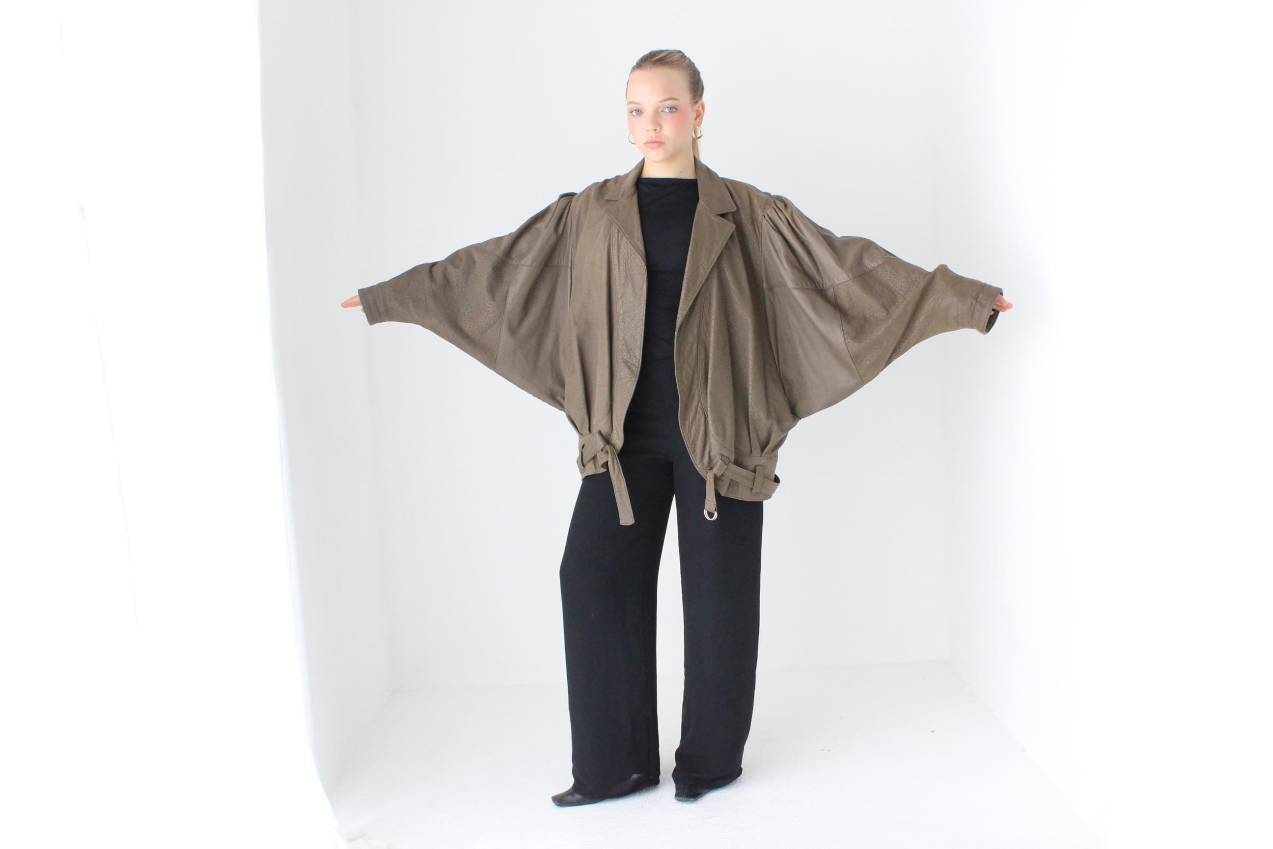 80s Softest Olive Leather Batwing Bomber