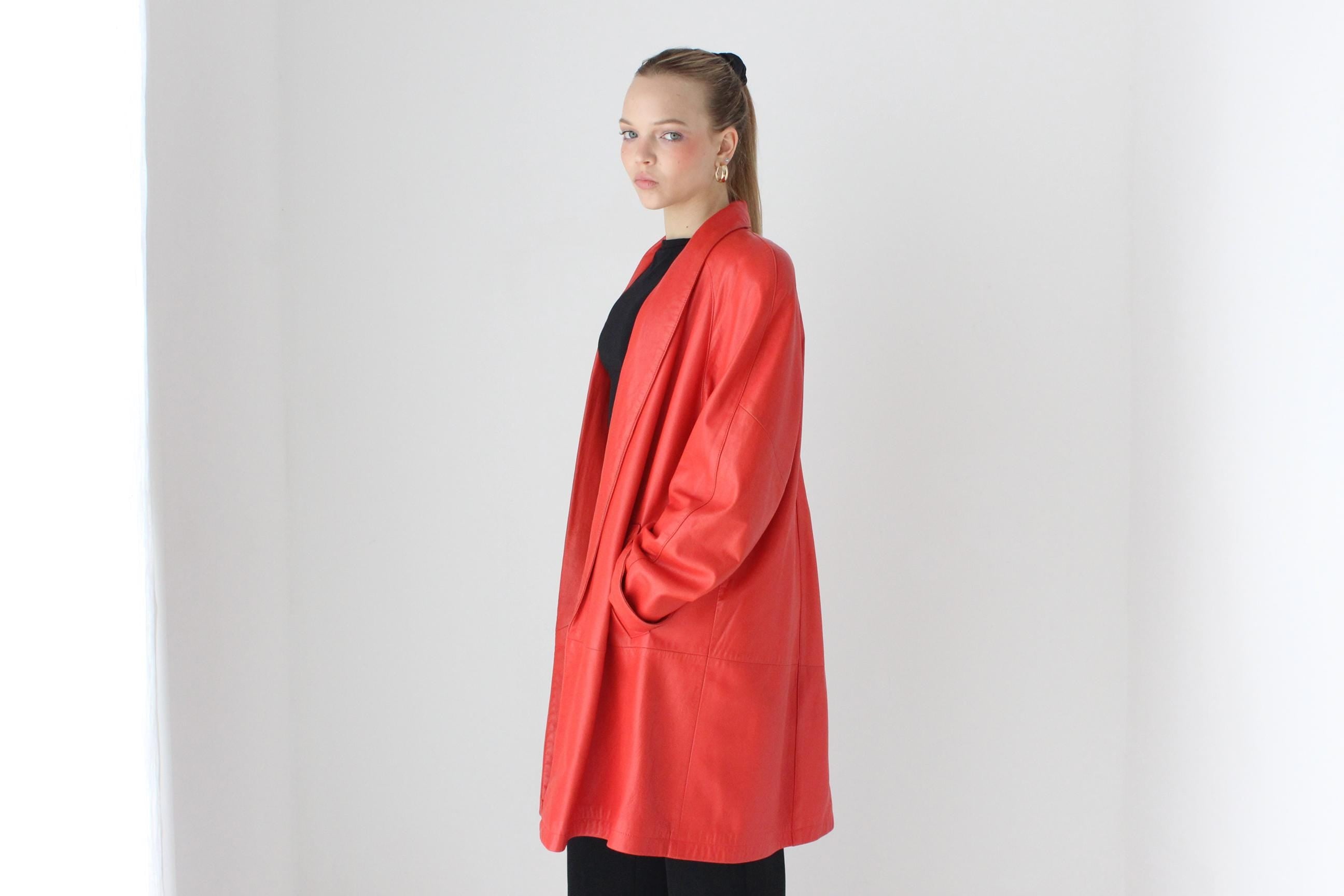 Buttery 80s Coral Red Leather Shawl Collar Swing Coat by Vakko