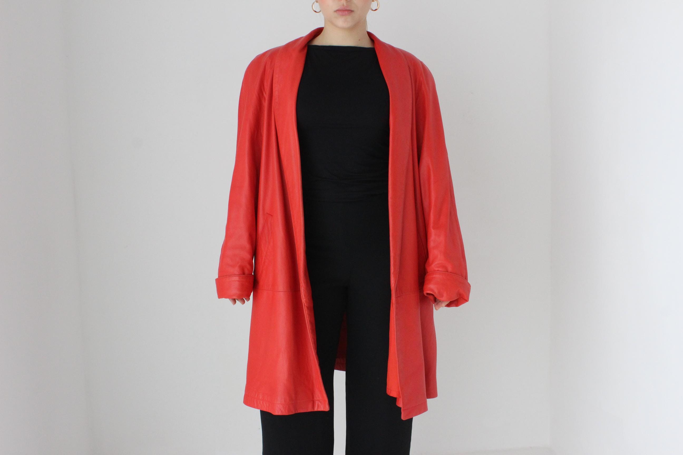 Buttery 80s Coral Red Leather Shawl Collar Swing Coat by Vakko