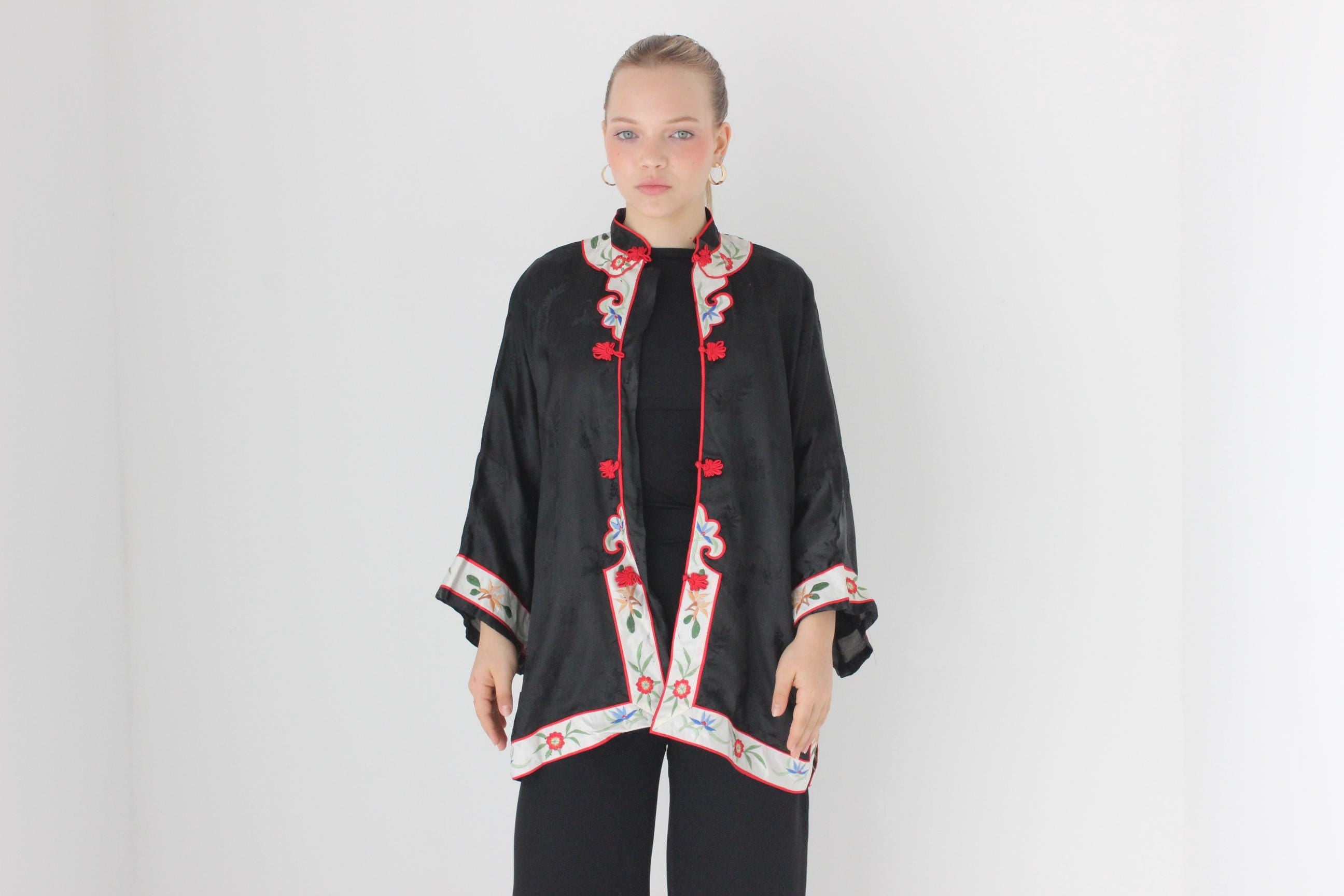 80s Chinese Intricate Embroidered Rayon Satin Robe