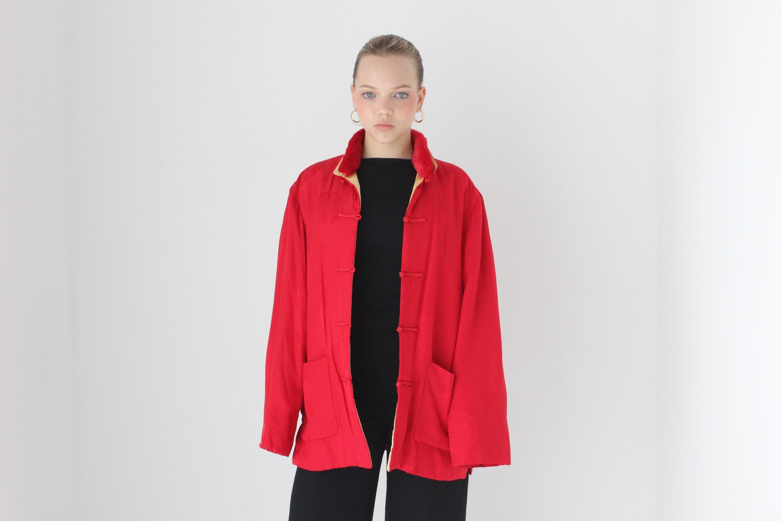 80s Red Pure Silk Mandarin Collar Quilted Bomber w/ Detachable Fur Collar