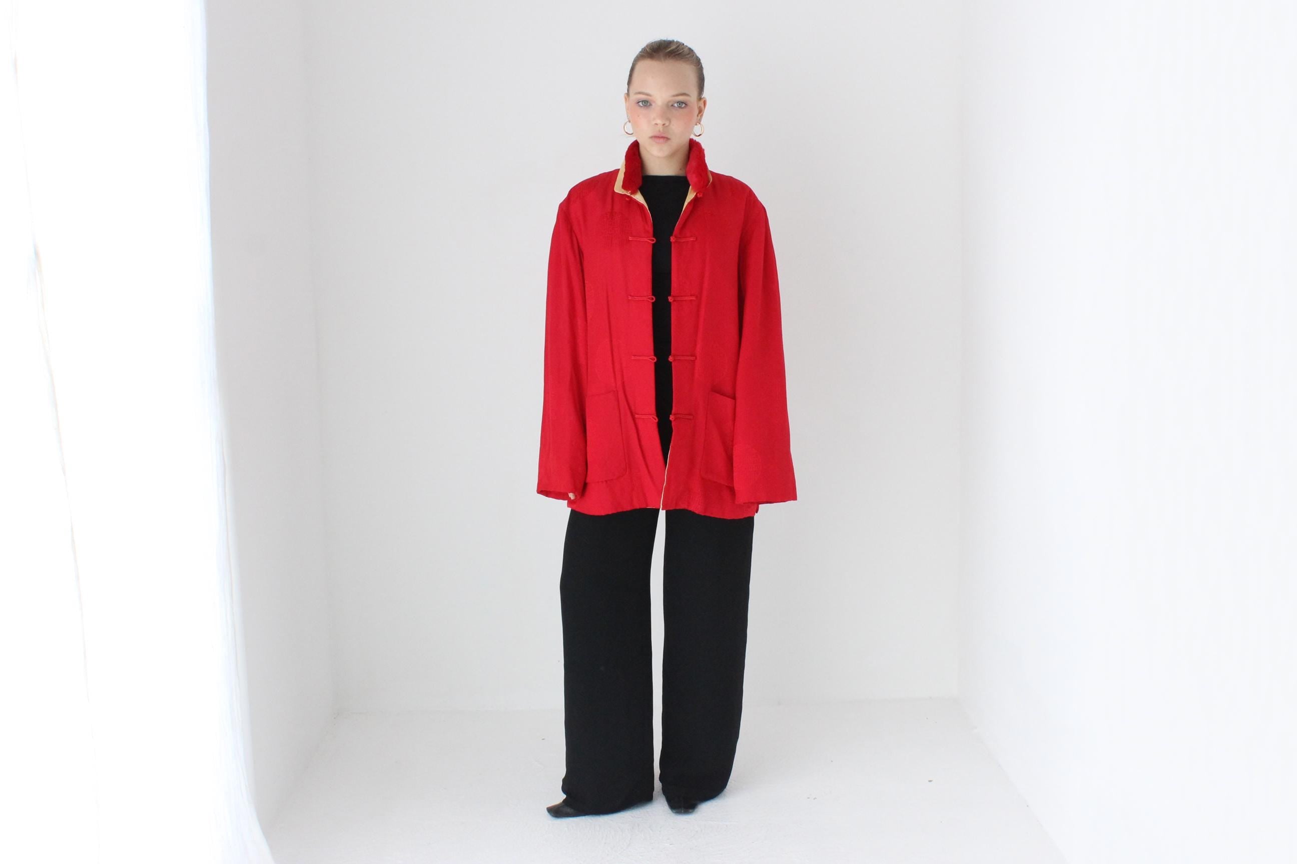 80s Red Pure Silk Mandarin Collar Quilted Bomber w/ Detachable Fur Collar