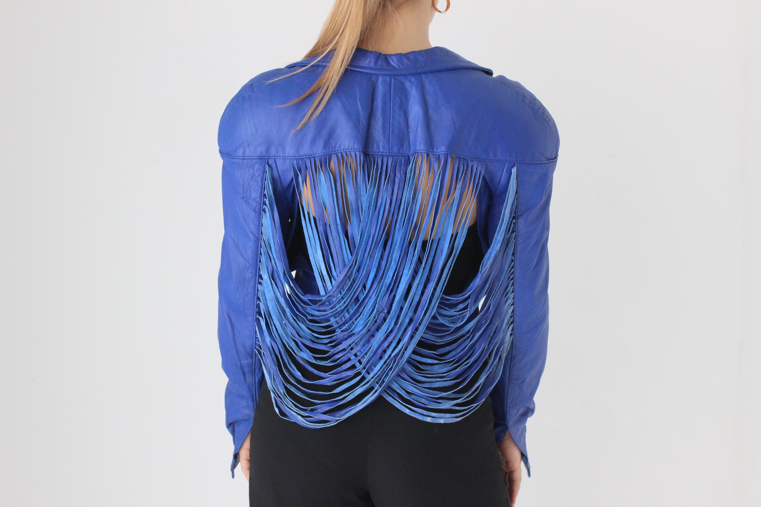 WOW 80s Cobalt Blue Leather Cropped Bomber w/ Cut Out Back & Fringe