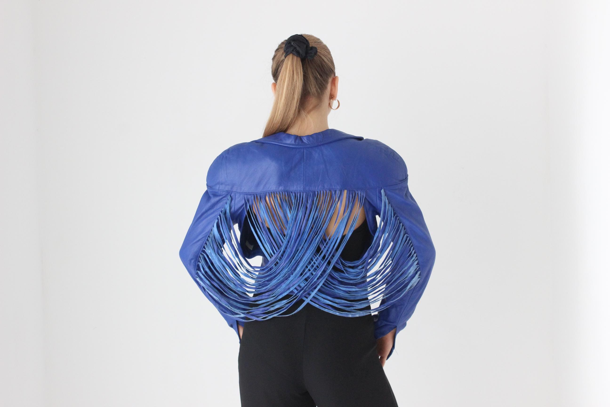 WOW 80s Cobalt Blue Leather Cropped Bomber w/ Cut Out Back & Fringe