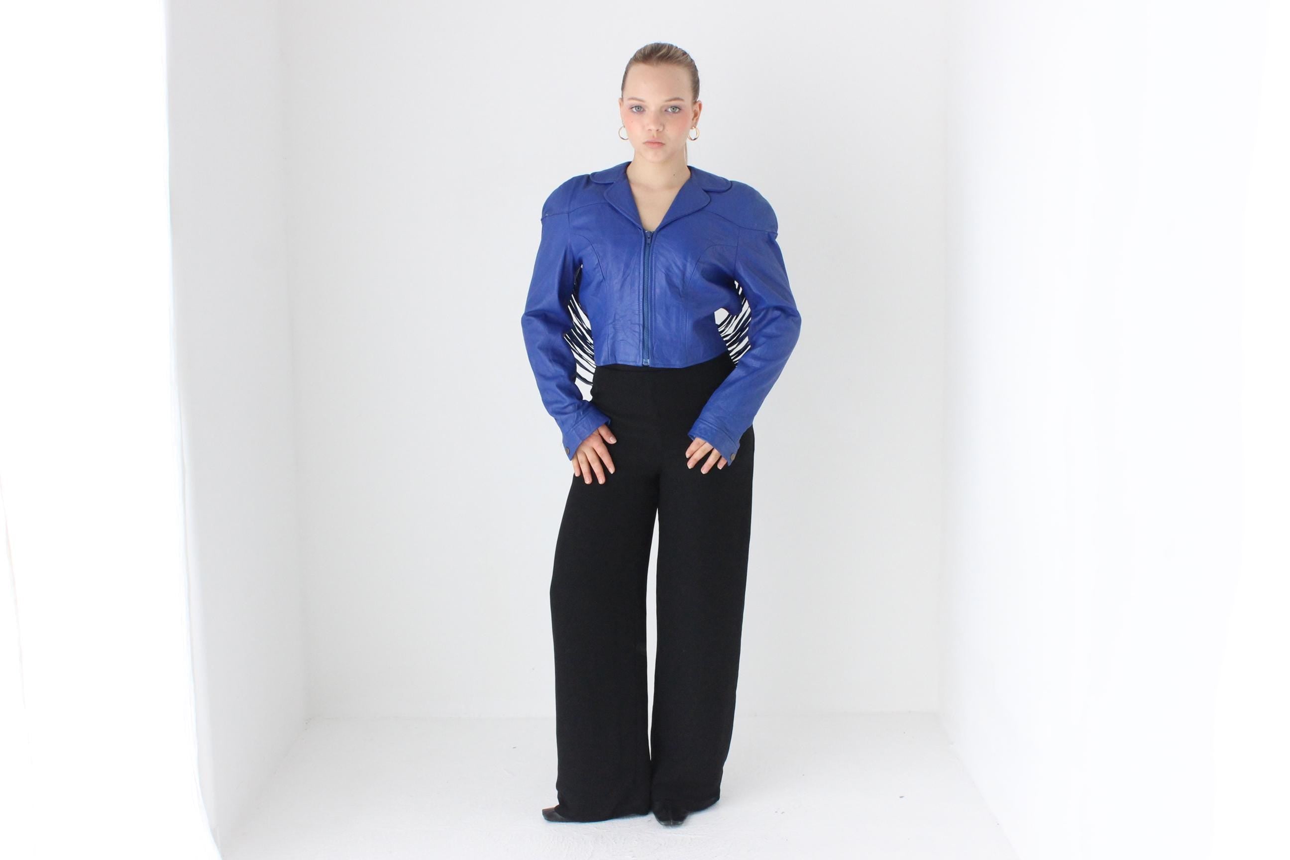 WOW 80s Cobalt Blue Leather Cropped Bomber w/ Cut Out Back & Fringe