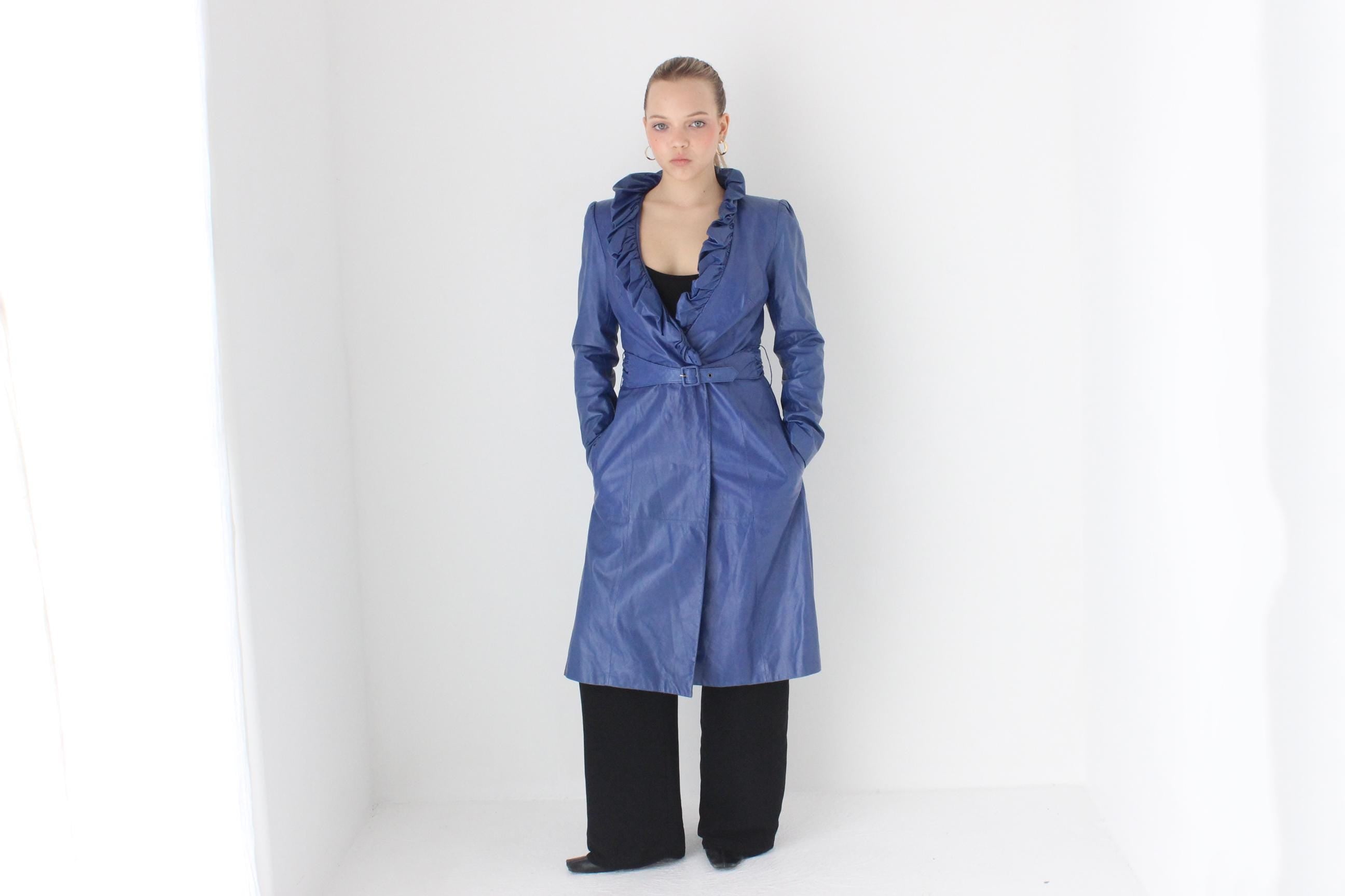Sassy Y2K Blue Leather Ruffle Collar Belted Trench