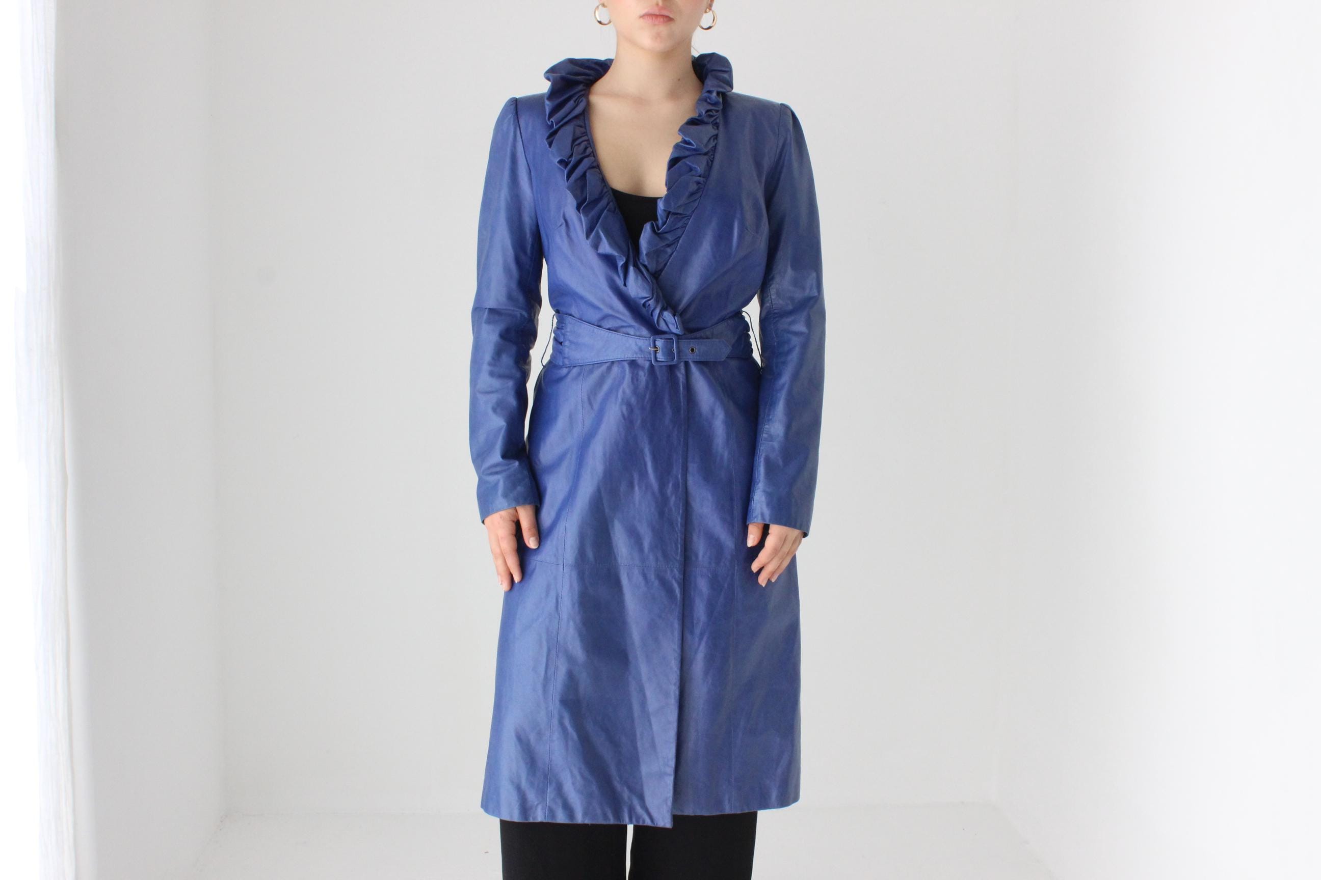 Sassy Y2K Blue Leather Ruffle Collar Belted Trench