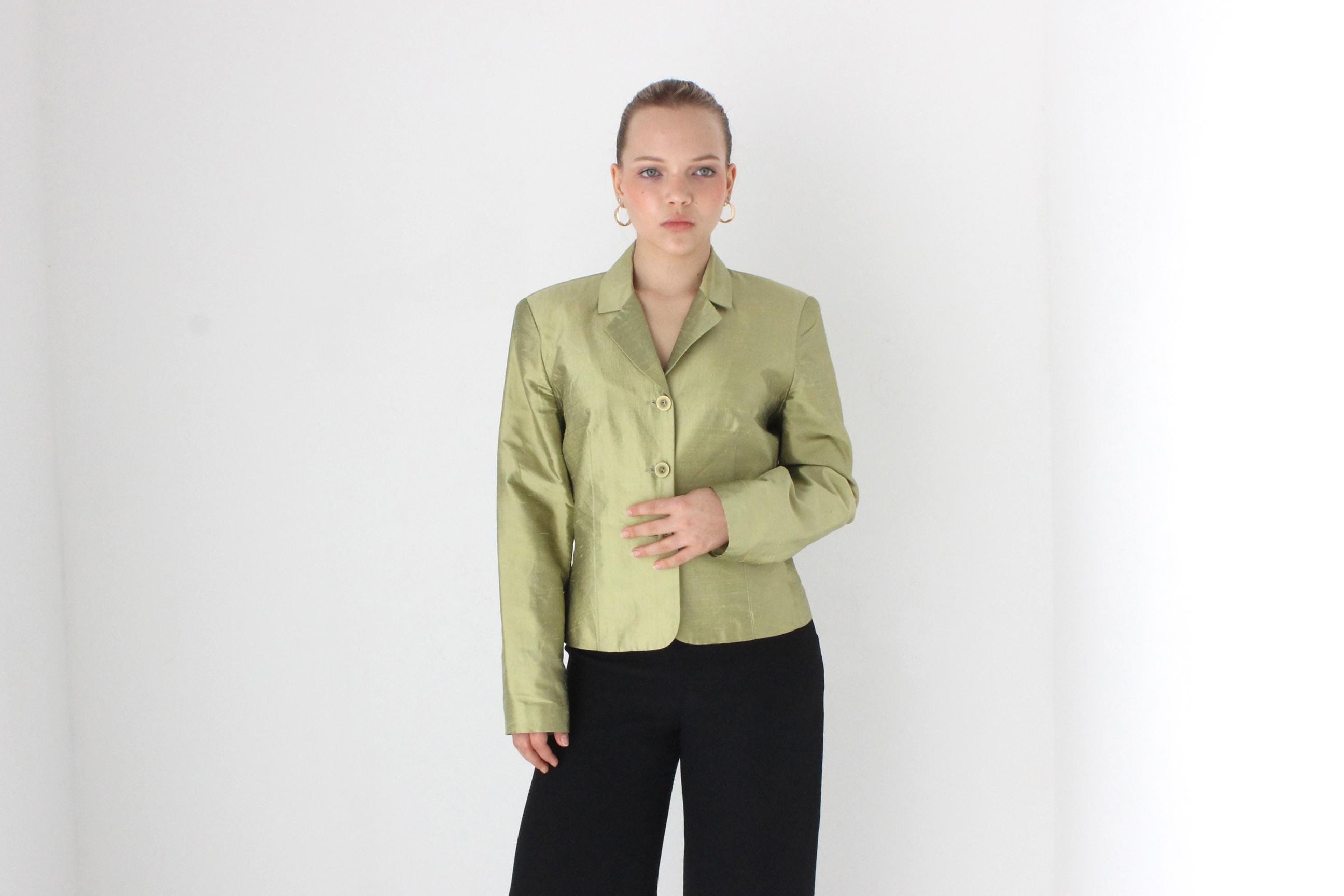 Y2K Olive Metallic Raw Silk Boxy Blazer