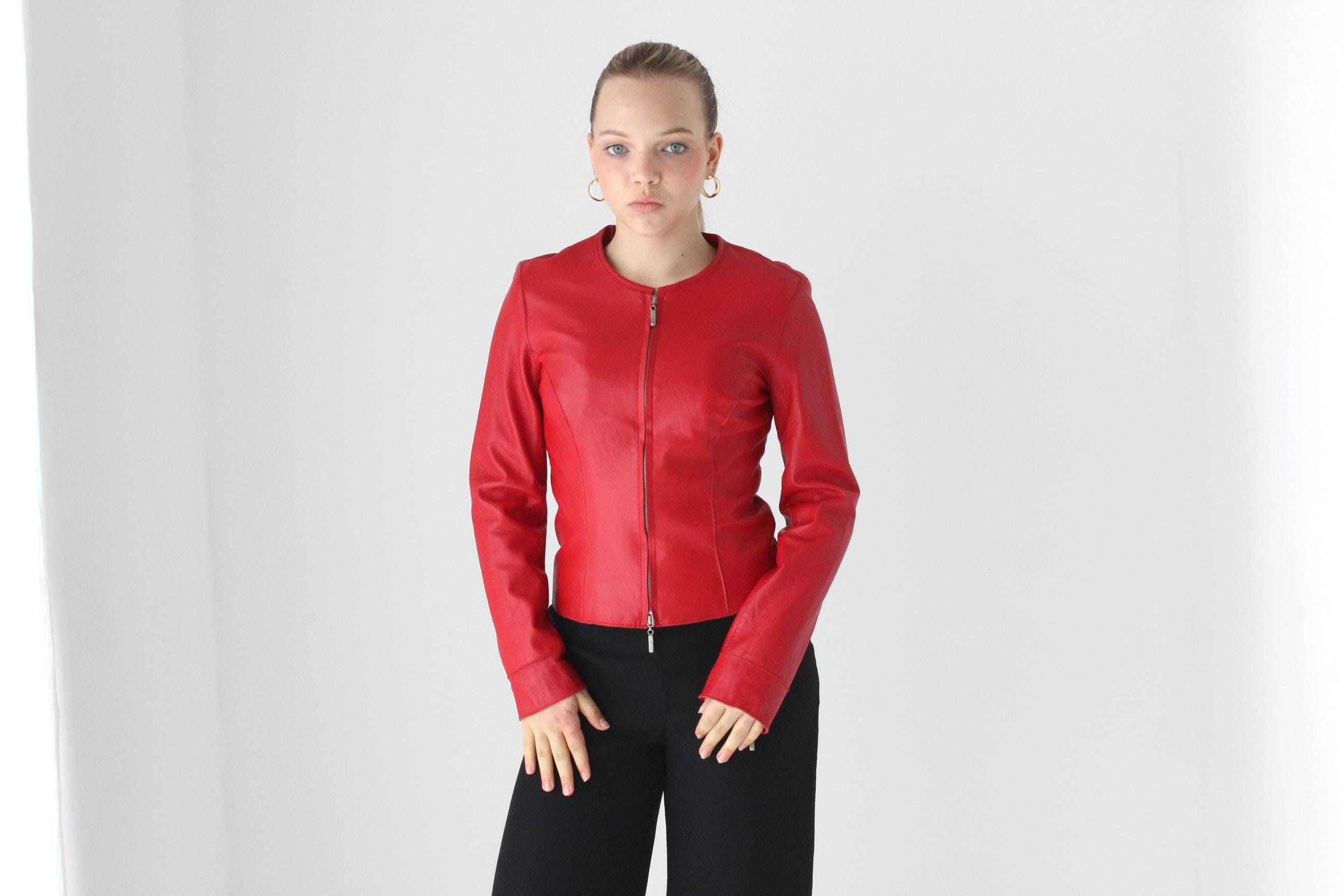 Y2K Sexy Red Zip Front Fitted Leather Jacket