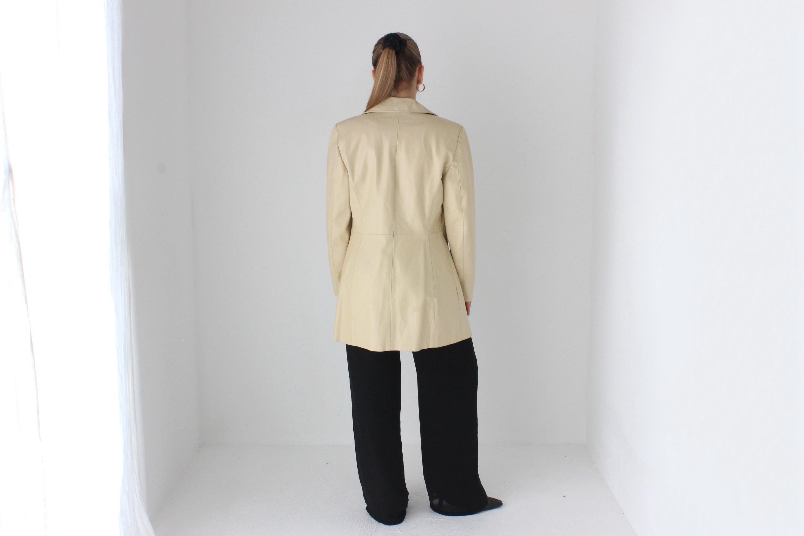 90s Italian Leather Neutral Cream Button Up Coat