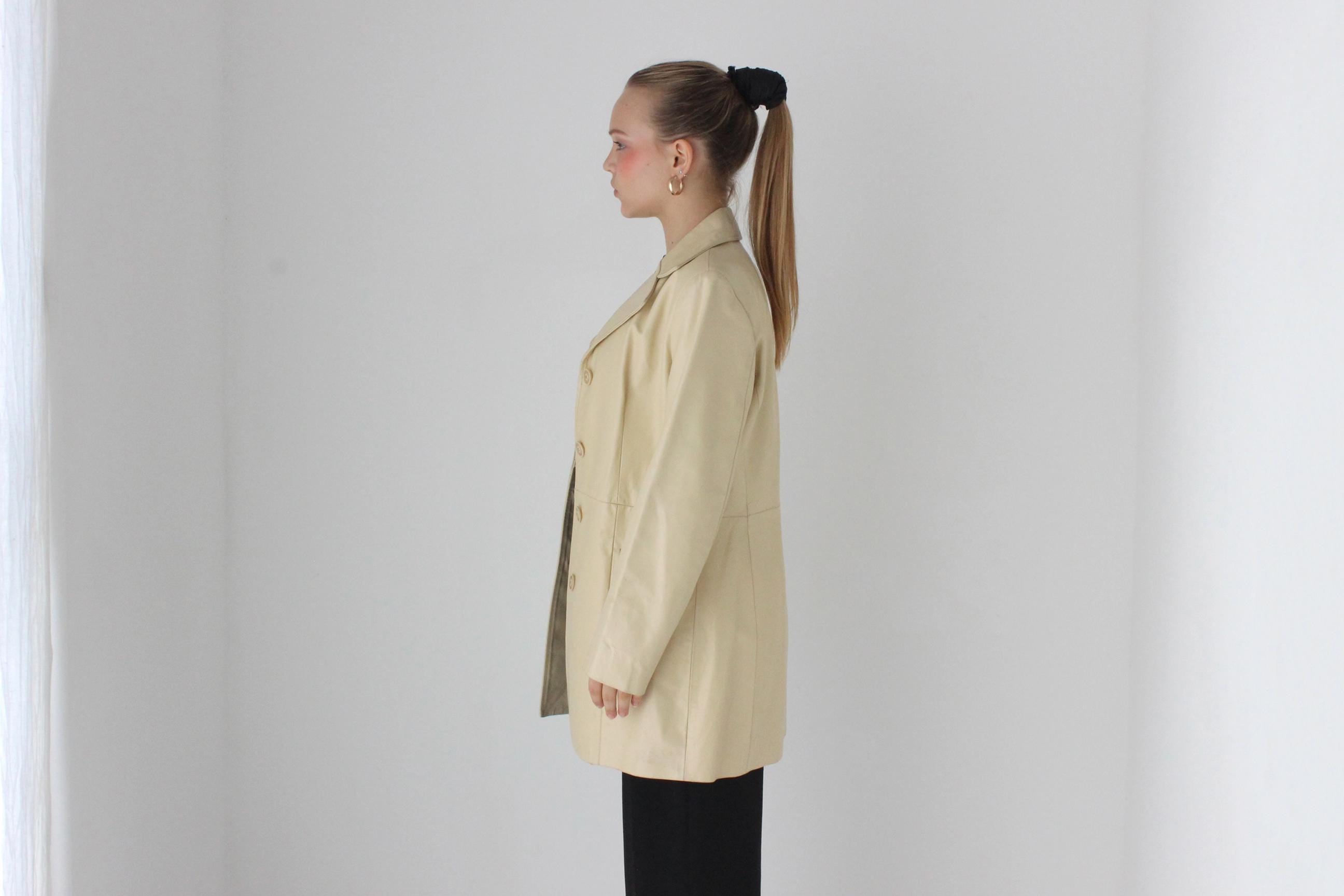 90s Italian Leather Neutral Cream Button Up Coat