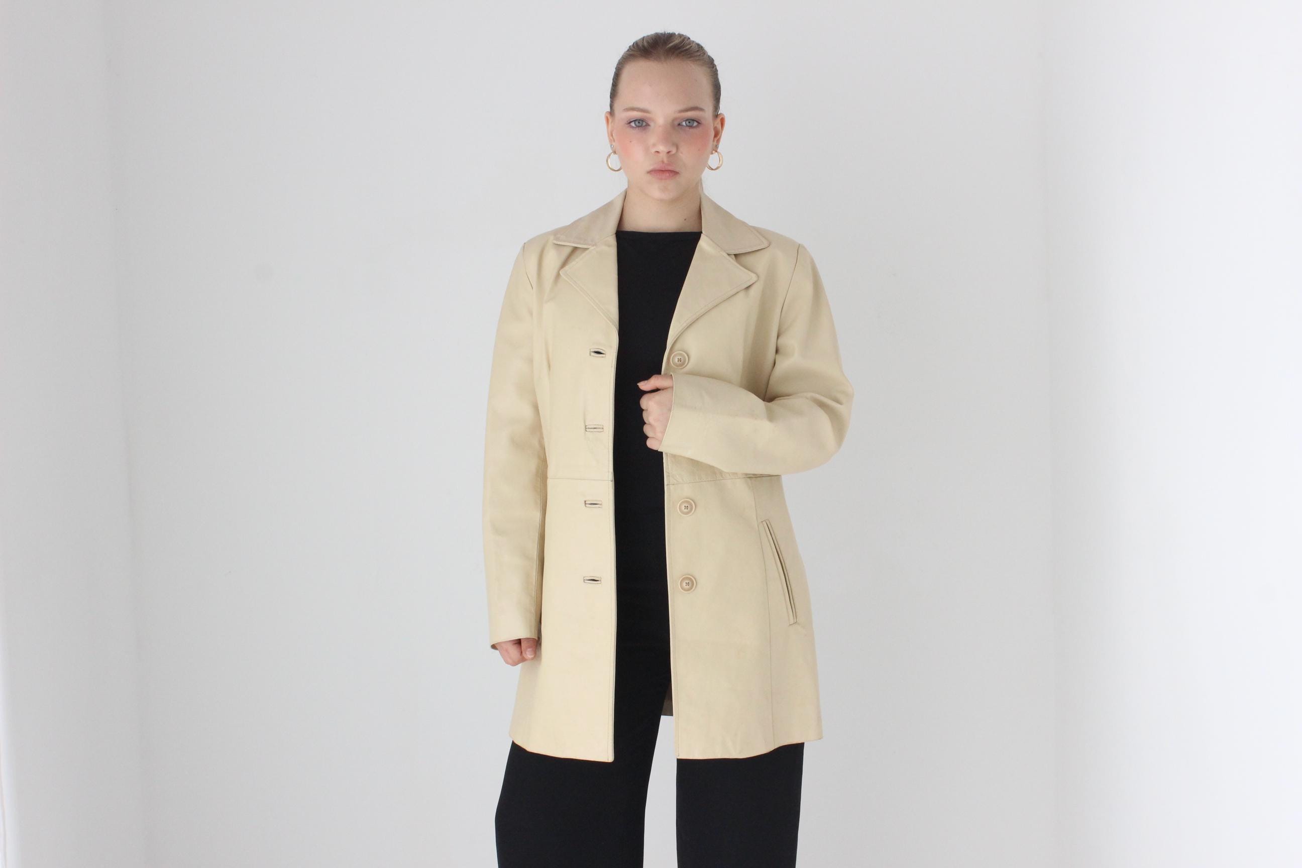 90s Italian Leather Neutral Cream Button Up Coat