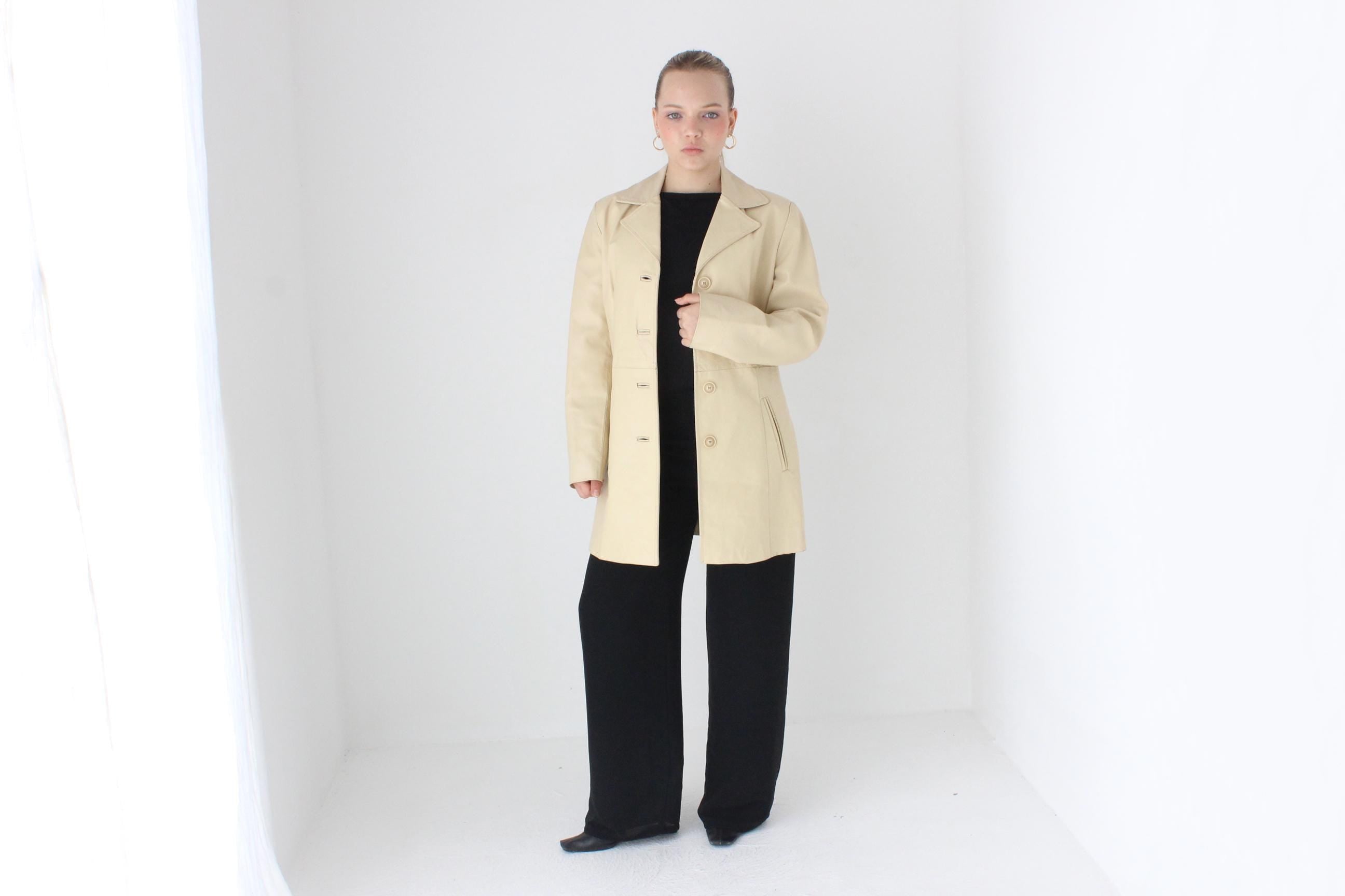 90s Italian Leather Neutral Cream Button Up Coat