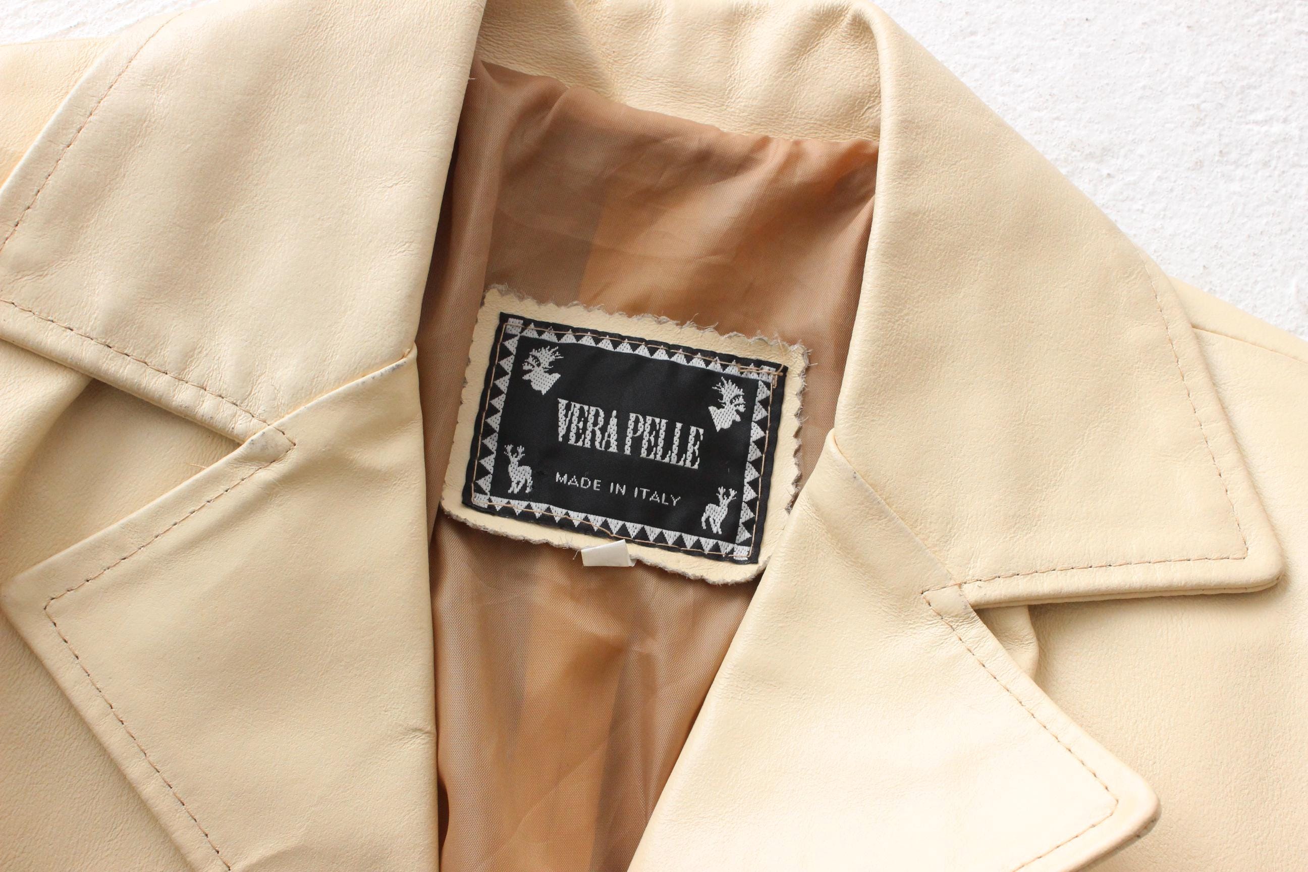 90s Italian Leather Neutral Cream Button Up Coat