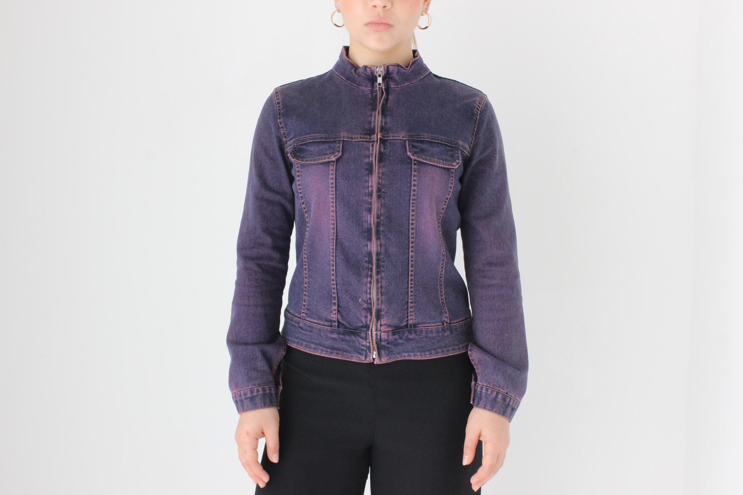 Y2K Charlie's Angels Era Purple Denim Zip Up Moto Jacket