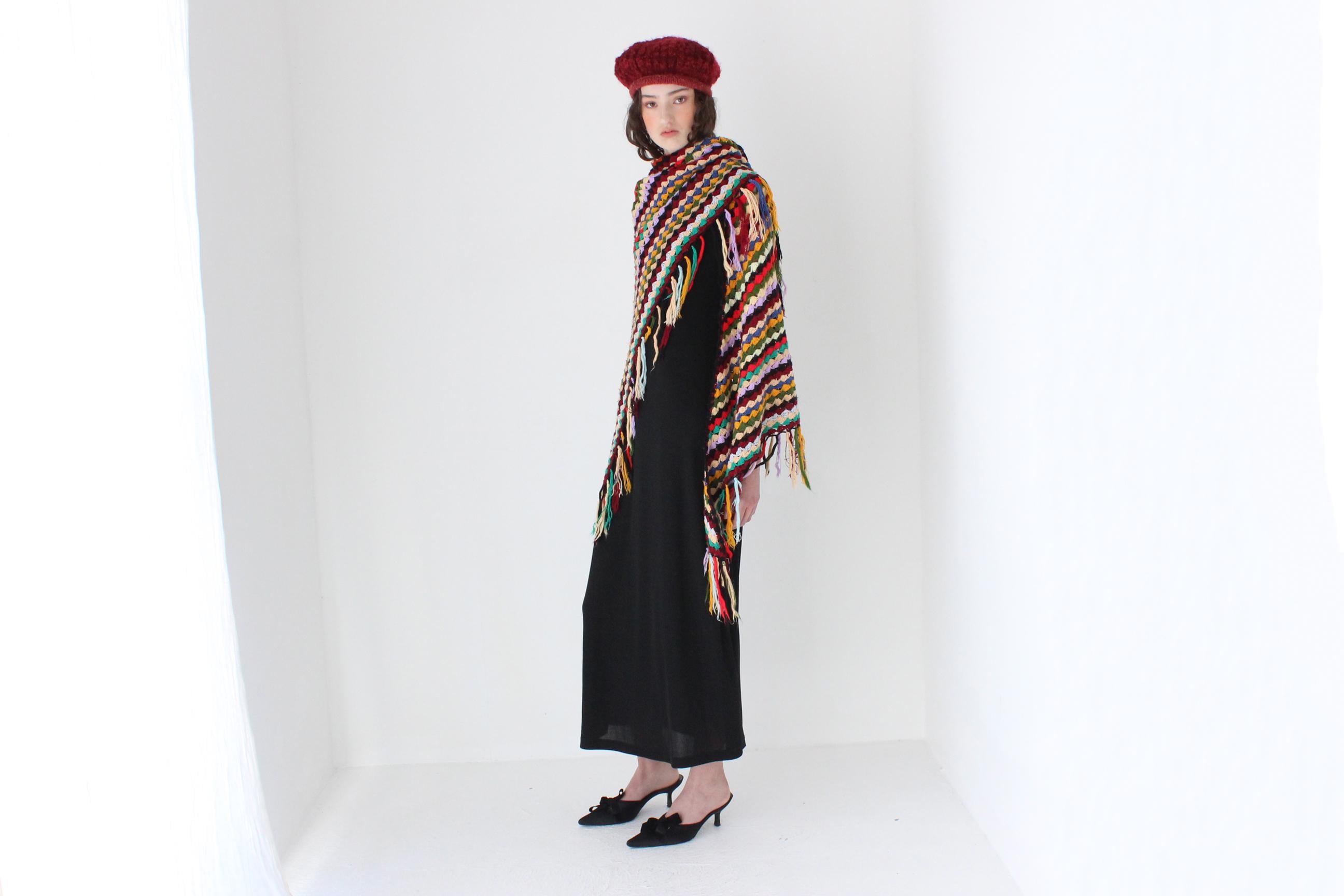 FRENCH COLLECTION 70s Handmade Rainbow Knit Crochet Shawl