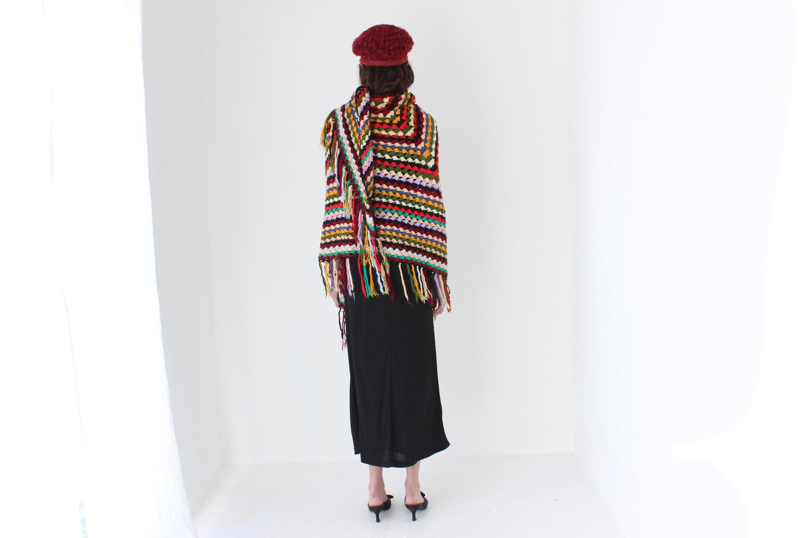 FRENCH COLLECTION 70s Handmade Rainbow Knit Crochet Shawl