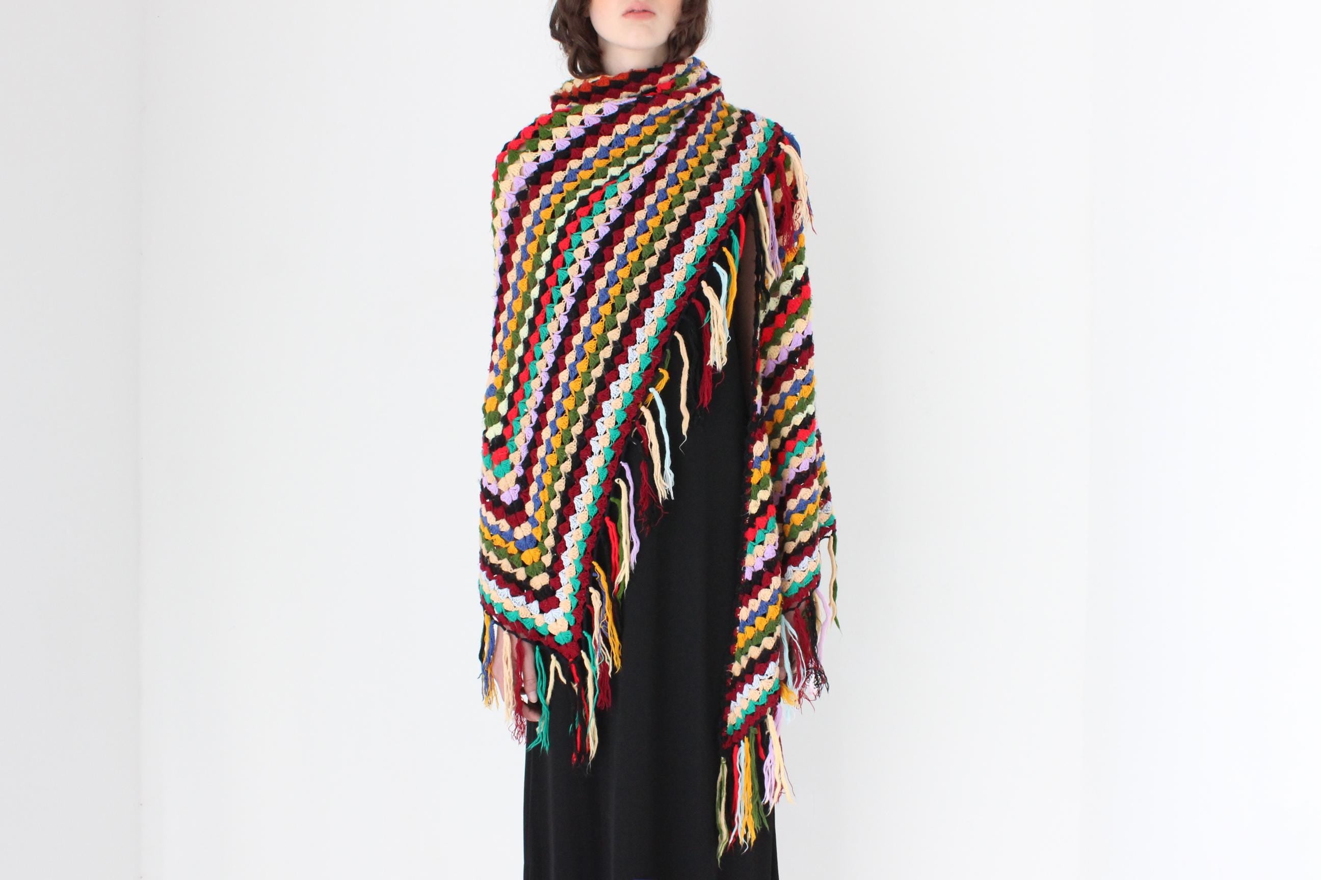 FRENCH COLLECTION 70s Handmade Rainbow Knit Crochet Shawl