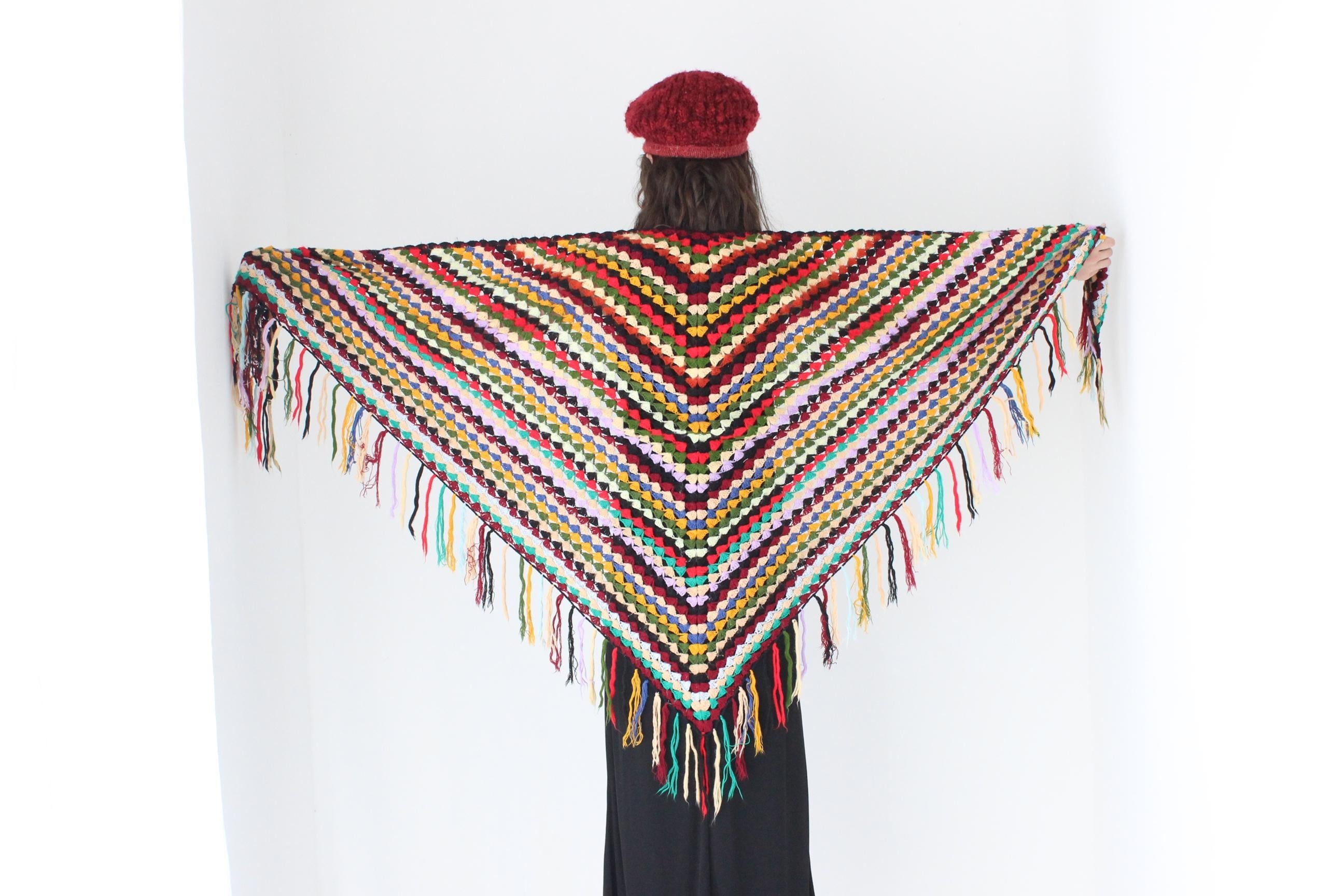 FRENCH COLLECTION 70s Handmade Rainbow Knit Crochet Shawl